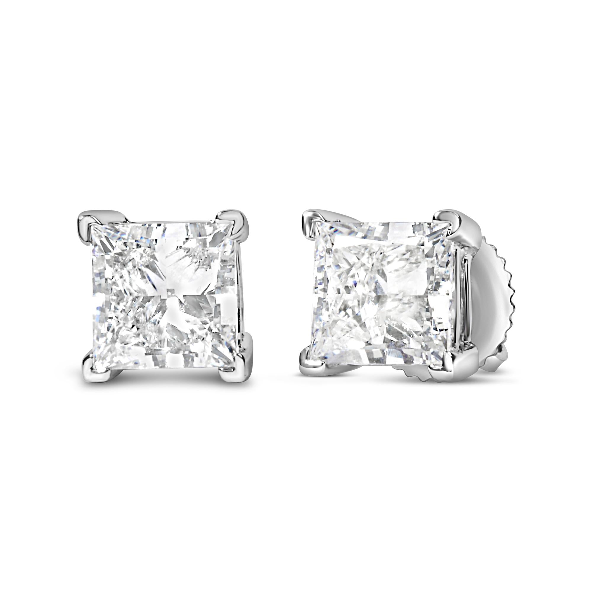 Aretes solitarios de oro blanco de 14 quilates con diamantes cultivados en laboratorio de talla princesa (color FG, claridad VS2-SI1) - Friggin Jewelry