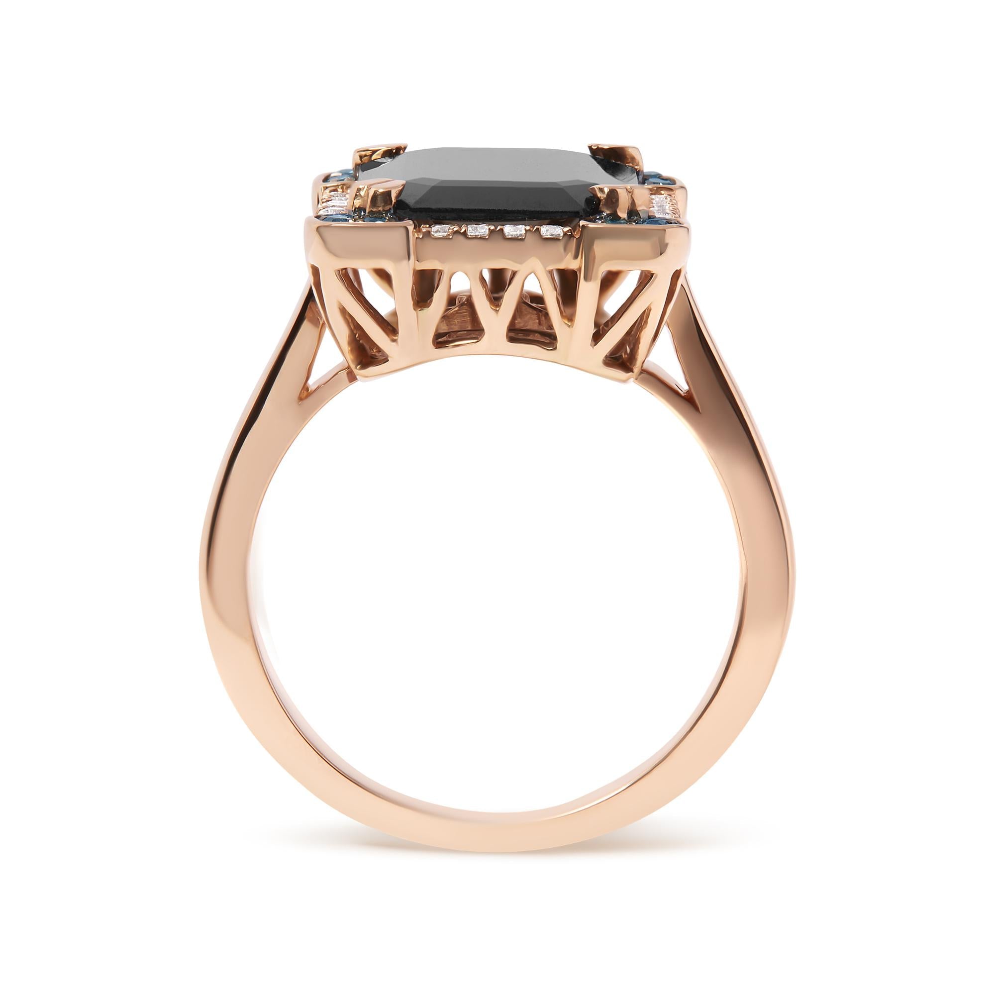 14K Rose Gold 15x10 MM Emerald-Cut Black Onyx and 1/5 Cttw Blue and White Diamond Halo Cocktail Ring (G-H Color, SI1-SI2 Clarity)- Size 7 - Friggin Jewelry