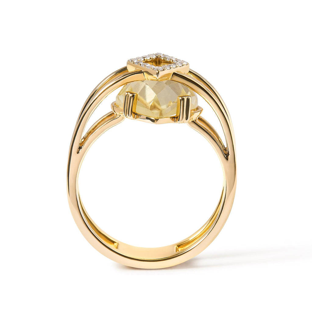 Anillo de cóctel llamativo en oro amarillo de 14 quilates de 15 x 15 mm con topacio amarillo de talla marquesa y detalles de diamantes (color GH, claridad SI1-SI2) - Friggin Jewelry