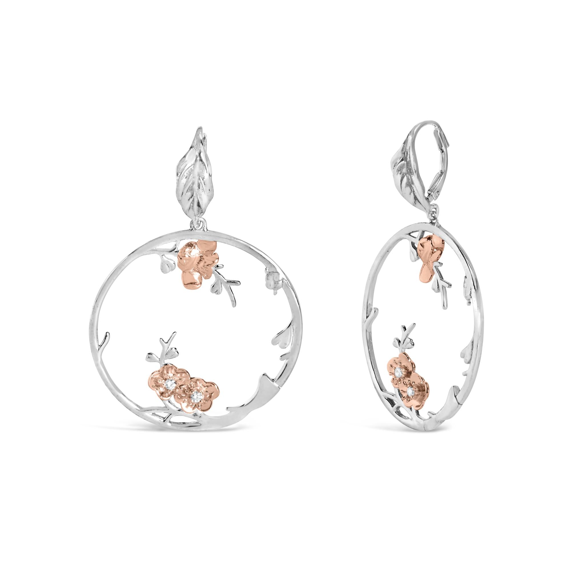 Rose Gold Plated .925 Sterling Silver 1/10 Cttw Diamond Floral Hoop Earrings (I-J Color, SI1-SI2 Clarity) - Friggin Jewelry