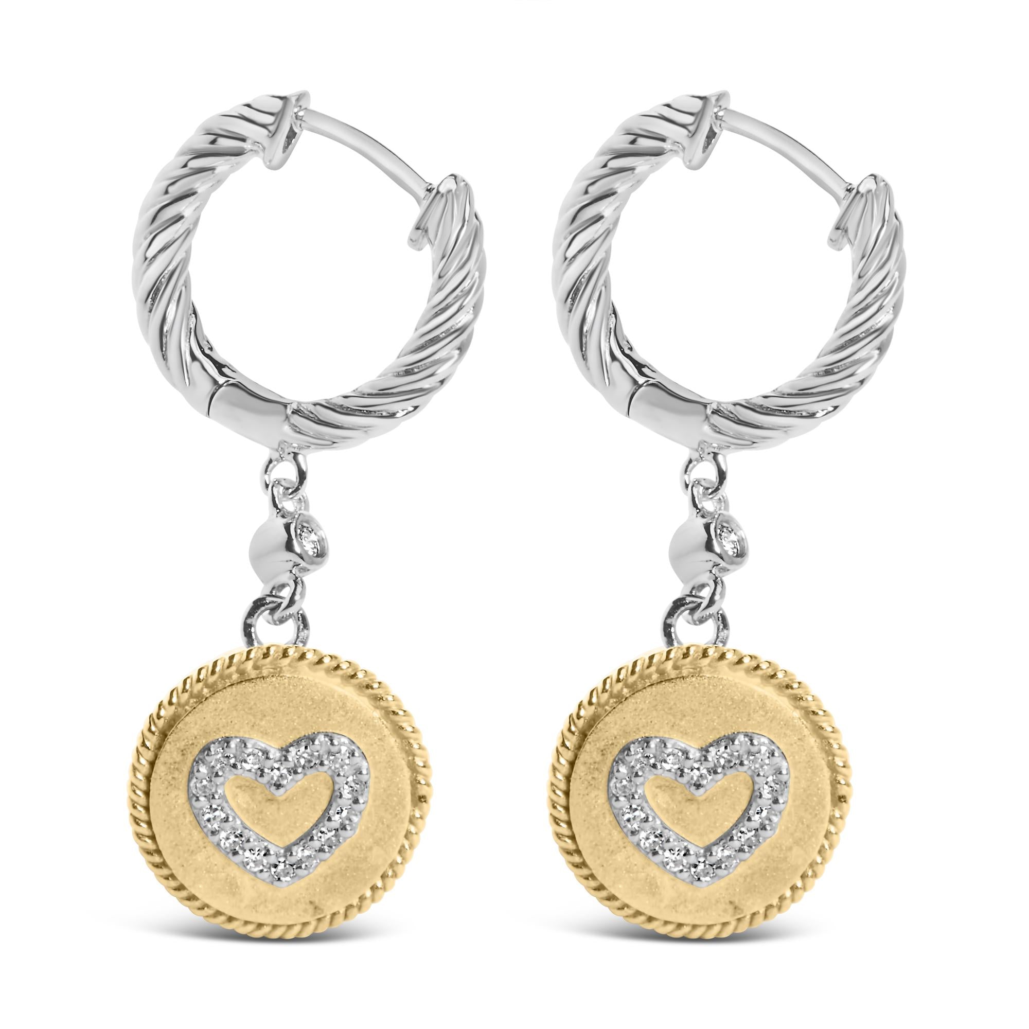 18K Yellow Gold Plated .925 Sterling Silver 1/8 Cttw Diamond Heart Medallion Drop and Dangle Earring (I-J Color, SI1-SI2 Clarity) - Friggin Jewelry