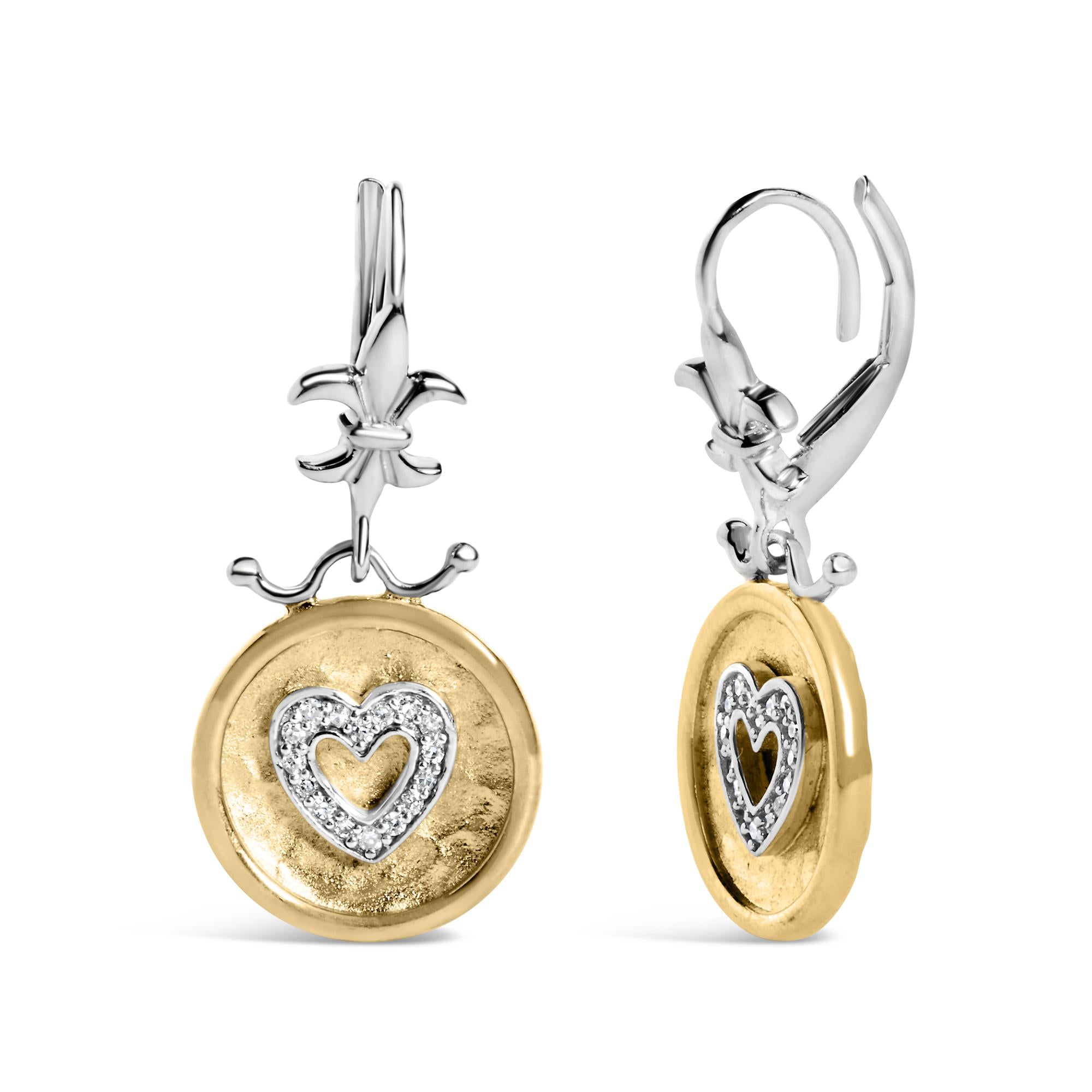 18K Yellow Gold Plated .925 Sterling Silver 1/8 Cttw Diamond Hammered Finished Medallion Heart Drop and Dangle Earrings (I-J Color, SI1-SI2 Clarity) - Friggin Jewelry