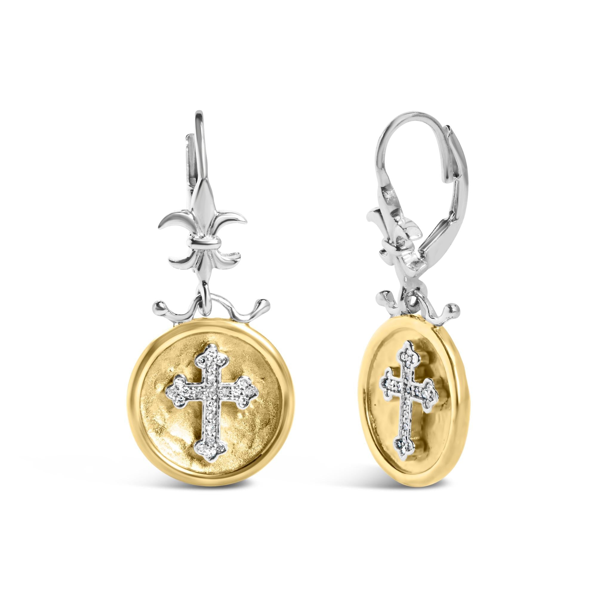 18K Yellow Gold Plated .925 Sterling Silver 1/8 Cttw Diamond Hammered Finished Medallion with Cross Drop and Dangle Earrings (I-J Color, SI1-SI2 Clarity) - Friggin Jewelry