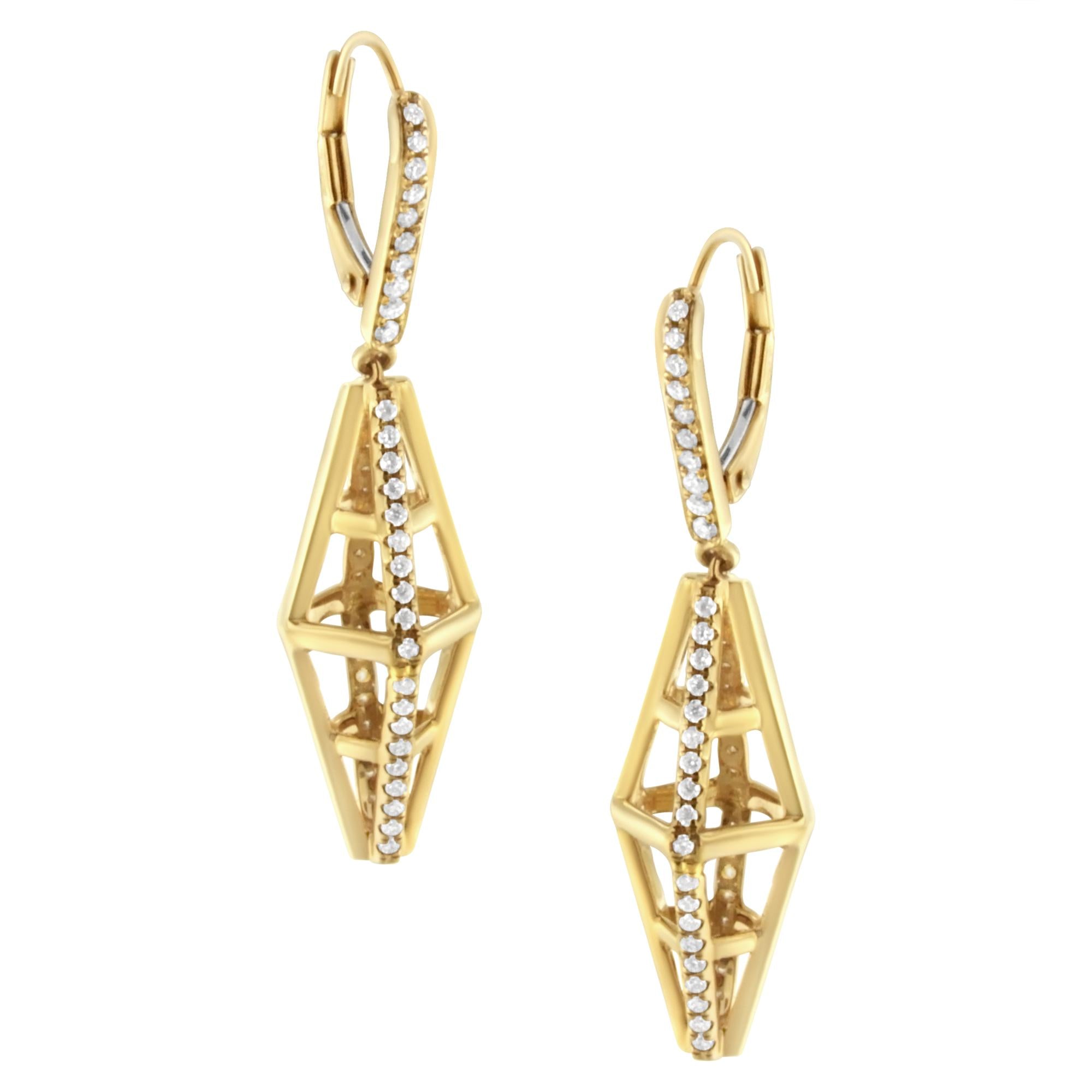 14K Yellow Gold 5/8 Cttw Diamond Geometrical Pillar Drop and Dangle Earrings (G-H Color, SI1-SI2 Clarity) - Friggin Jewelry