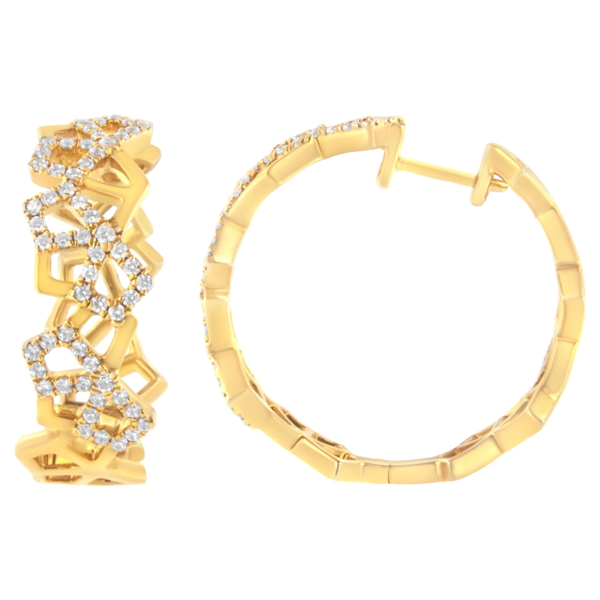 14K Yellow Gold 3/4 Cttw Diamond Honeycomb Hoop Earrings (G-H Color, SI1-SI2 Clarity) - 24MM - Friggin Jewelry