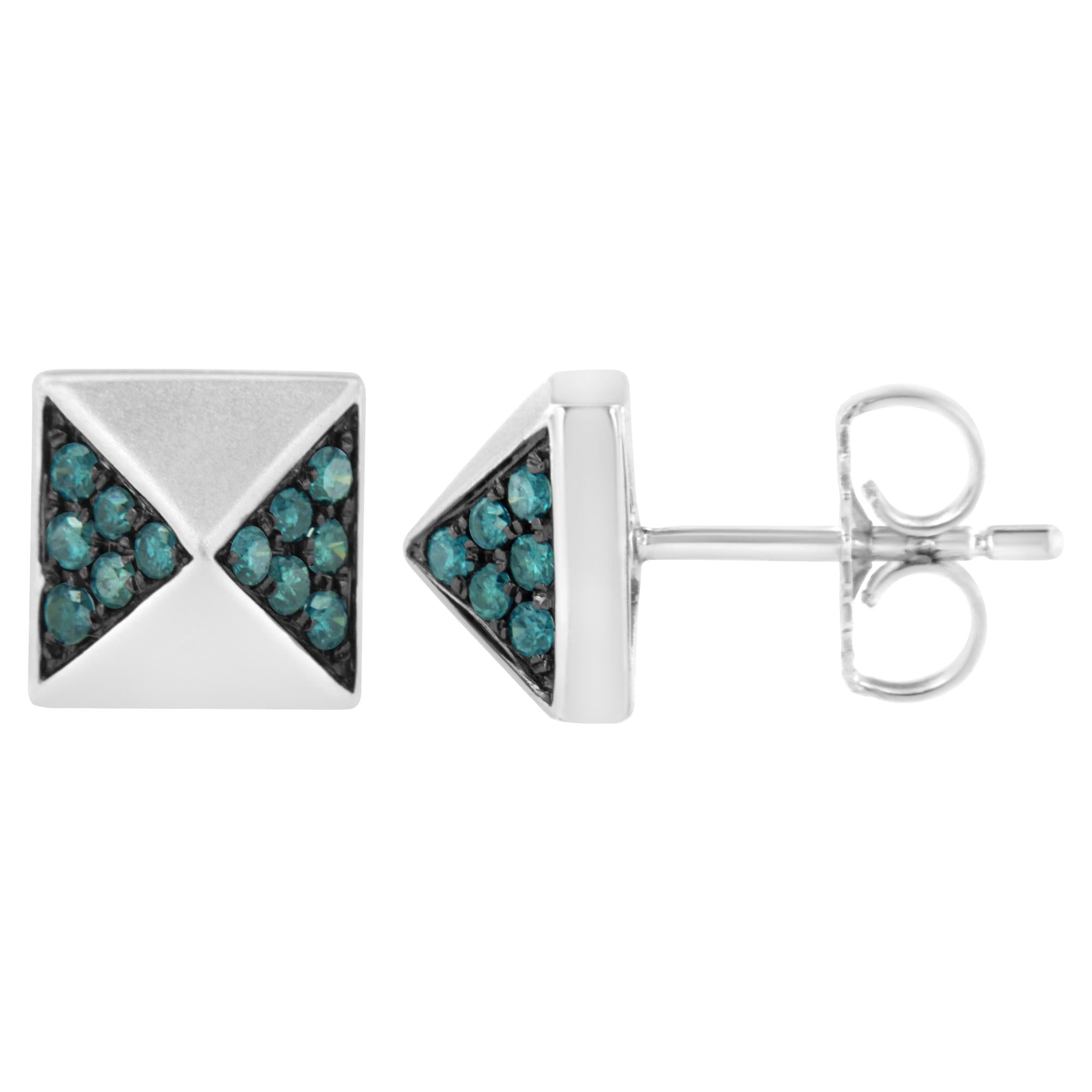 14K White Gold 1/4 Cttw Treated Blue Diamond Pyramid Stud Earring (Blue Color, SI1-SI2 Clarity) - Friggin Jewelry