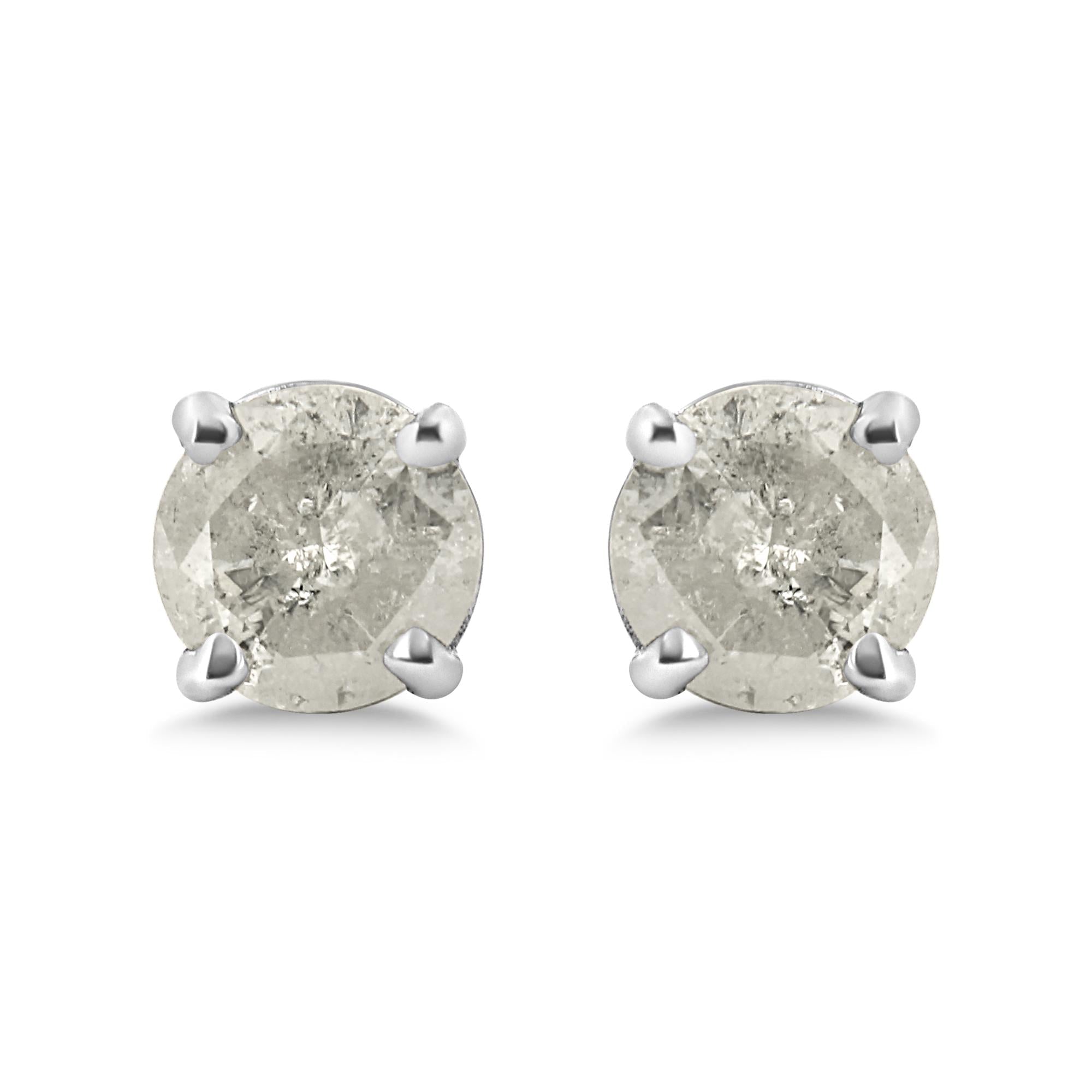 Aretes clásicos de plata de ley 925 con diamantes de talla redonda "sal y pimienta" de 4 puntas (color IJ, claridad I3) - Friggin Jewelry