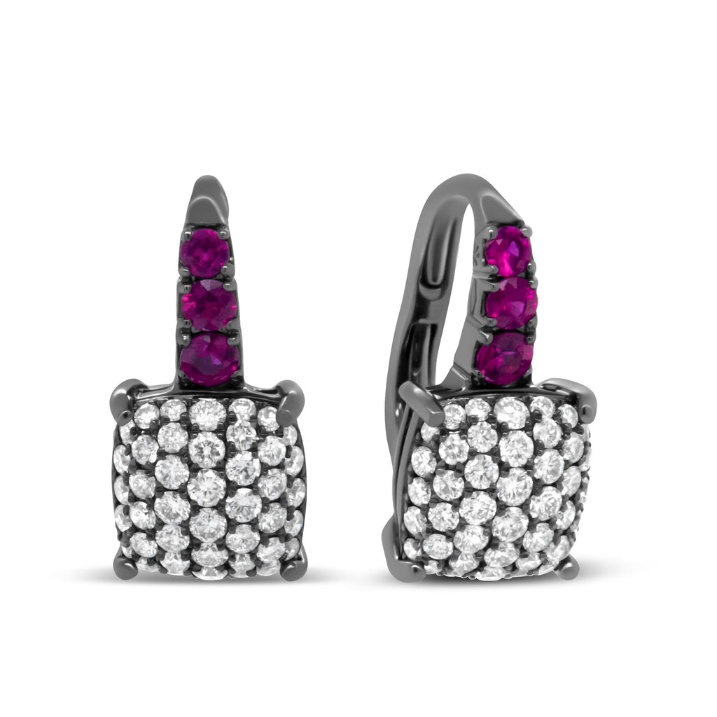 Black Rhodium Plated 18K White Gold 7/8 Cttw Round Diamond and Graduated Red Ruby Drop Earrings (F-G Color, VS1-VS2 Clarity) - Friggin Jewelry
