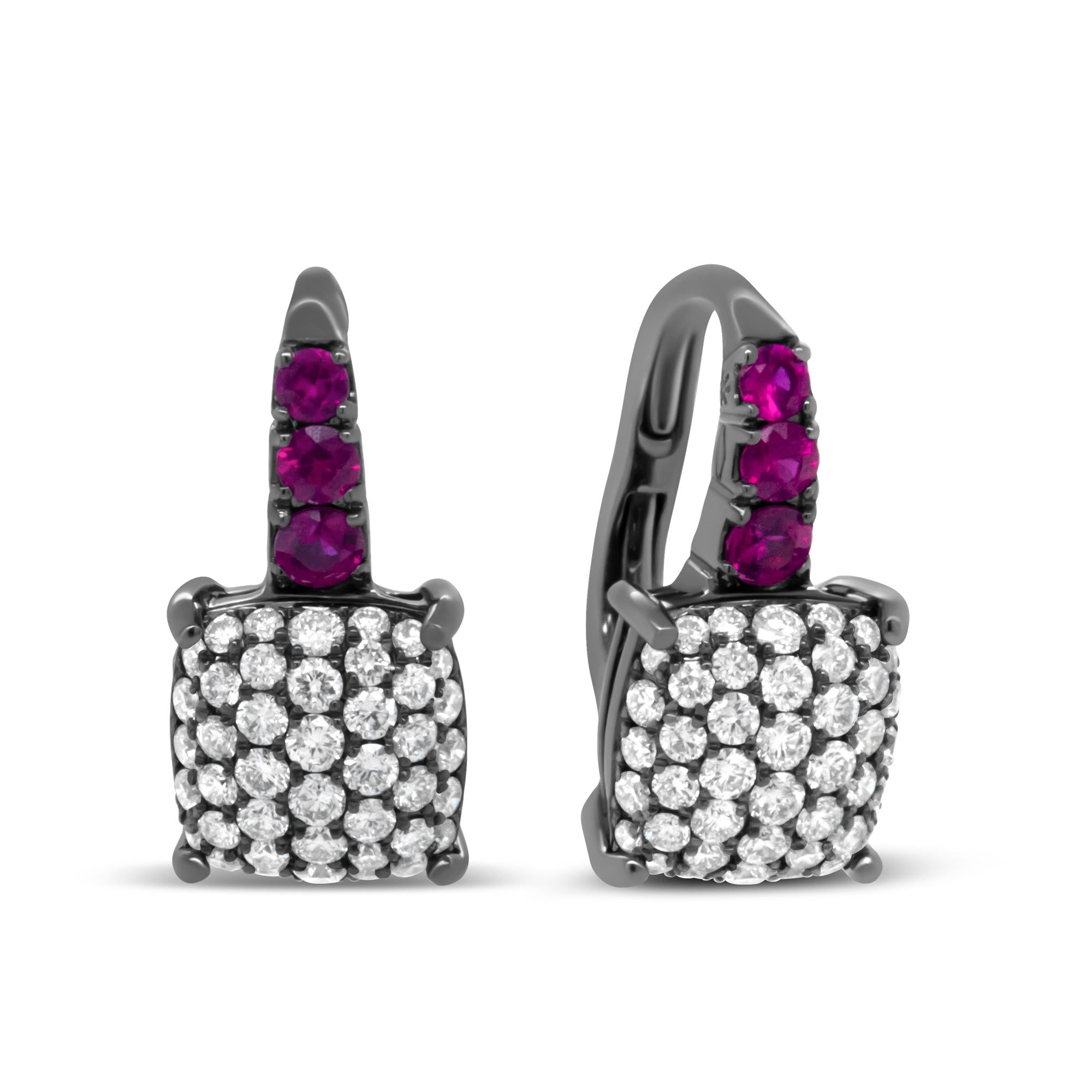 Black Rhodium Plated 18K White Gold 7/8 Cttw Round Diamond and Graduated Red Ruby Drop Earrings (F-G Color, VS1-VS2 Clarity) - Friggin Jewelry