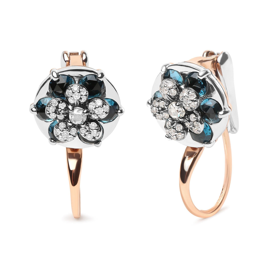 Aros colgantes con diseño floral en oro rosa y blanco de 18 quilates, con diamantes redondos de 1/3 ct y topacio azul Londres redondo (color GH, claridad SI1-SI2) - Friggin Jewelry
