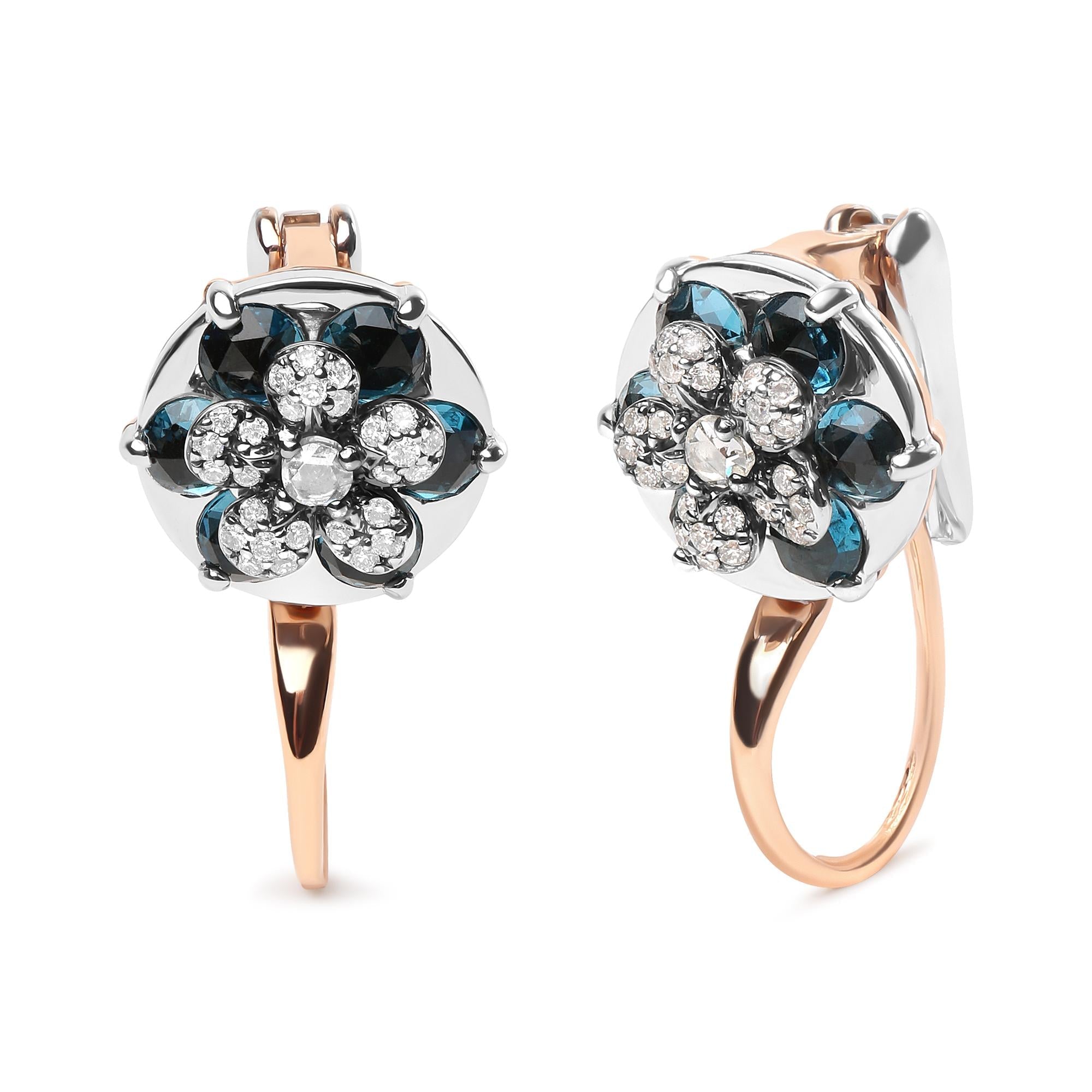 18K Rose and White Gold 1/3 Cttw Round Diamonds and Round London Blue Topaz Gemstone Cluster Floral Drop Hoop Earrings (G-H Color, SI1-SI2 Clarity) - Friggin Jewelry