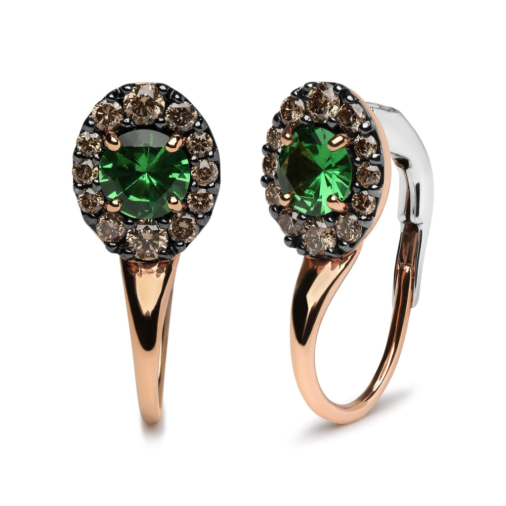 18K Rose and White Gold 3/8 Cttw Round Brown Diamonds and Round Green Tsavorite Gemstone Halo Drop Hoop Earrings (Brown Color, SI1-SI2 Clarity) - Friggin Jewelry