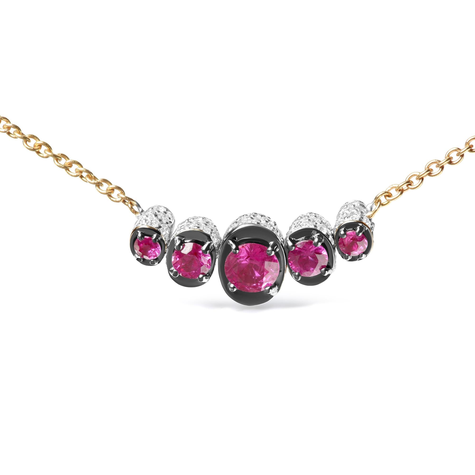 18K Rose Gold 3/4 Cttw Pave Diamonds and Graduated Red Ruby Gemstone Curved Bar Choker Necklace (G-H Color, SI1-SI2 Clarity) - Adjustable up to 14" - 16.5" - Friggin Jewelry