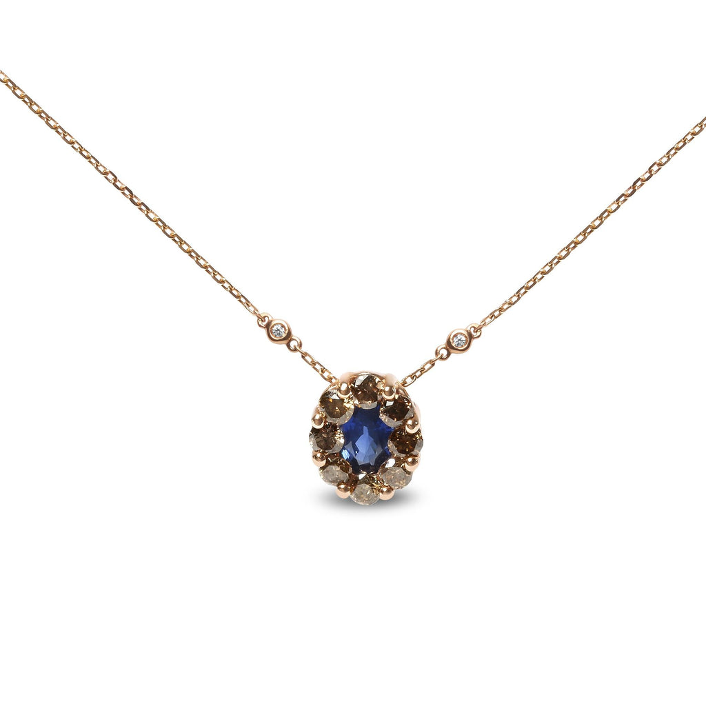 18K Rose Gold 5/8 Cttw White and Brown Diamond Accent and 7 x 4mm Oval Blue Sapphire Gemstone Statement Halo Cluster Pendant Necklace (Brown and G-H Color, - Friggin Jewelry SI1-SI2 Clarity) - Adjustable up to 16" - 18"