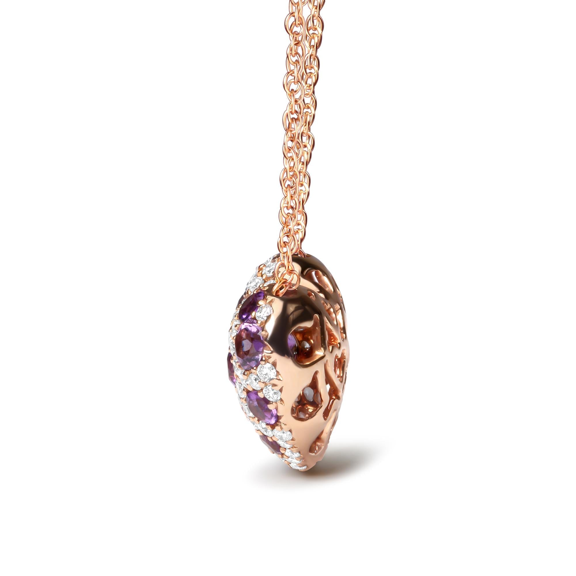 18K Rose Gold 3/4 Cttw Diamond and Purple Amethyst Cluster Heart Shape 18" Pendant Necklace (G-H Color, SI1-SI2 Clarity) - Friggin Jewelry