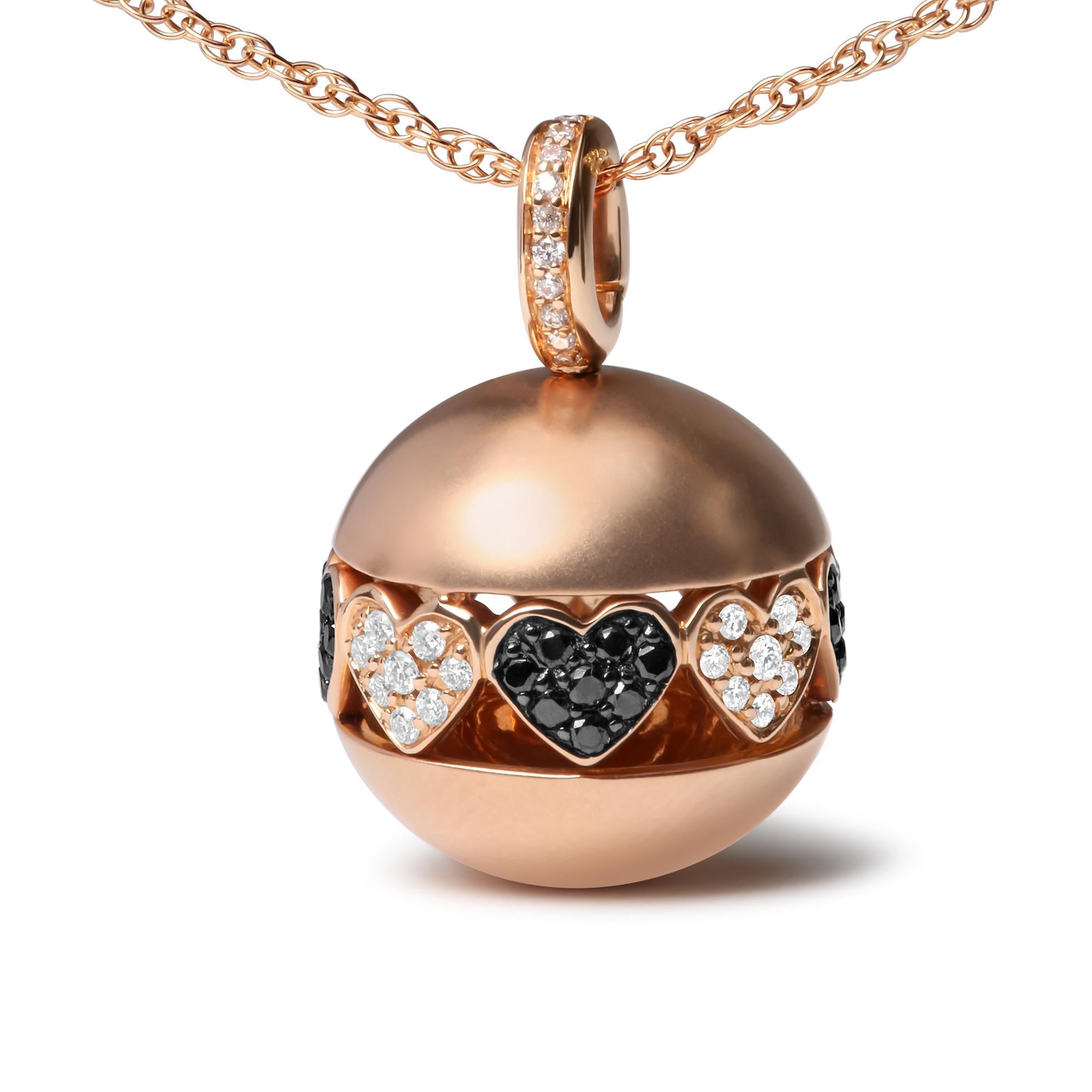 18K Rose Gold 3/8 Cttw Black and White Diamond Ball with Filigree Heart and Cluster Design 18" Pendant Necklace (Black and G-H Color, SI1-SI2 Clarity) - Friggin Jewelry