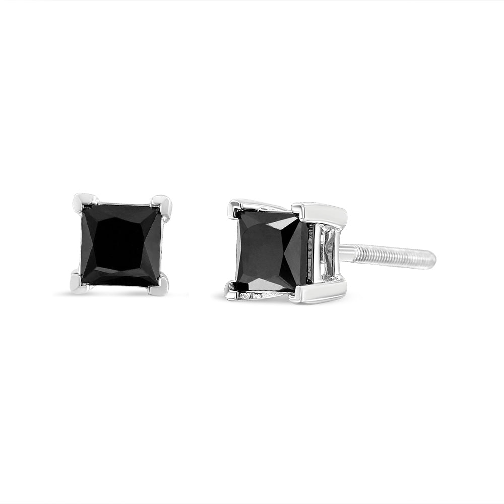 14K White Gold Princess-Cut Treated Black Diamond Classic 4-Prong Stud Earrings - Friggin Jewelry