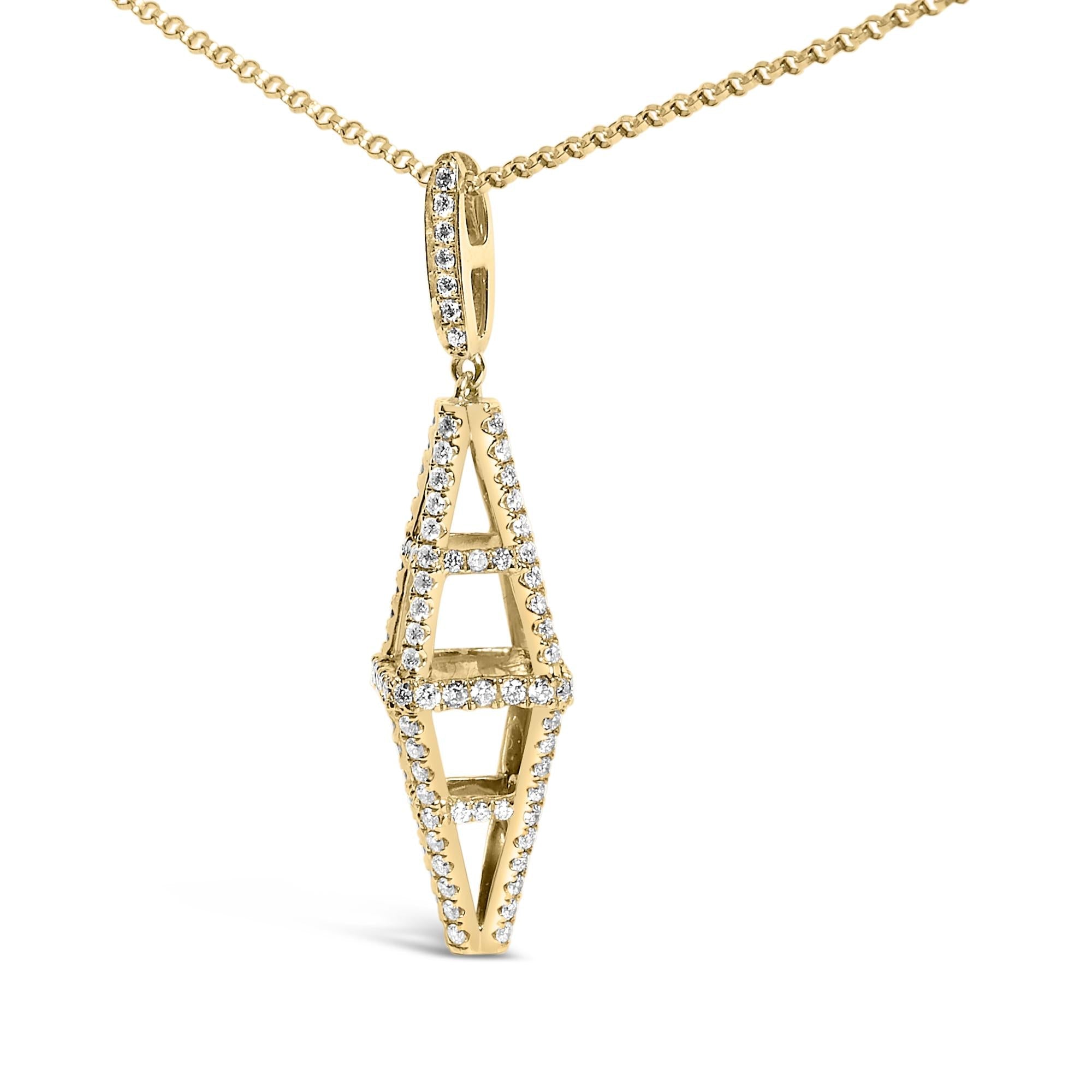 14K Yellow Gold 1.0 Cttw Diamond Studded Geometric Double Pyramid 18" Pendant Necklace (G-H Color, SI1-SI2 Clarity) - Friggin Jewelry Premium