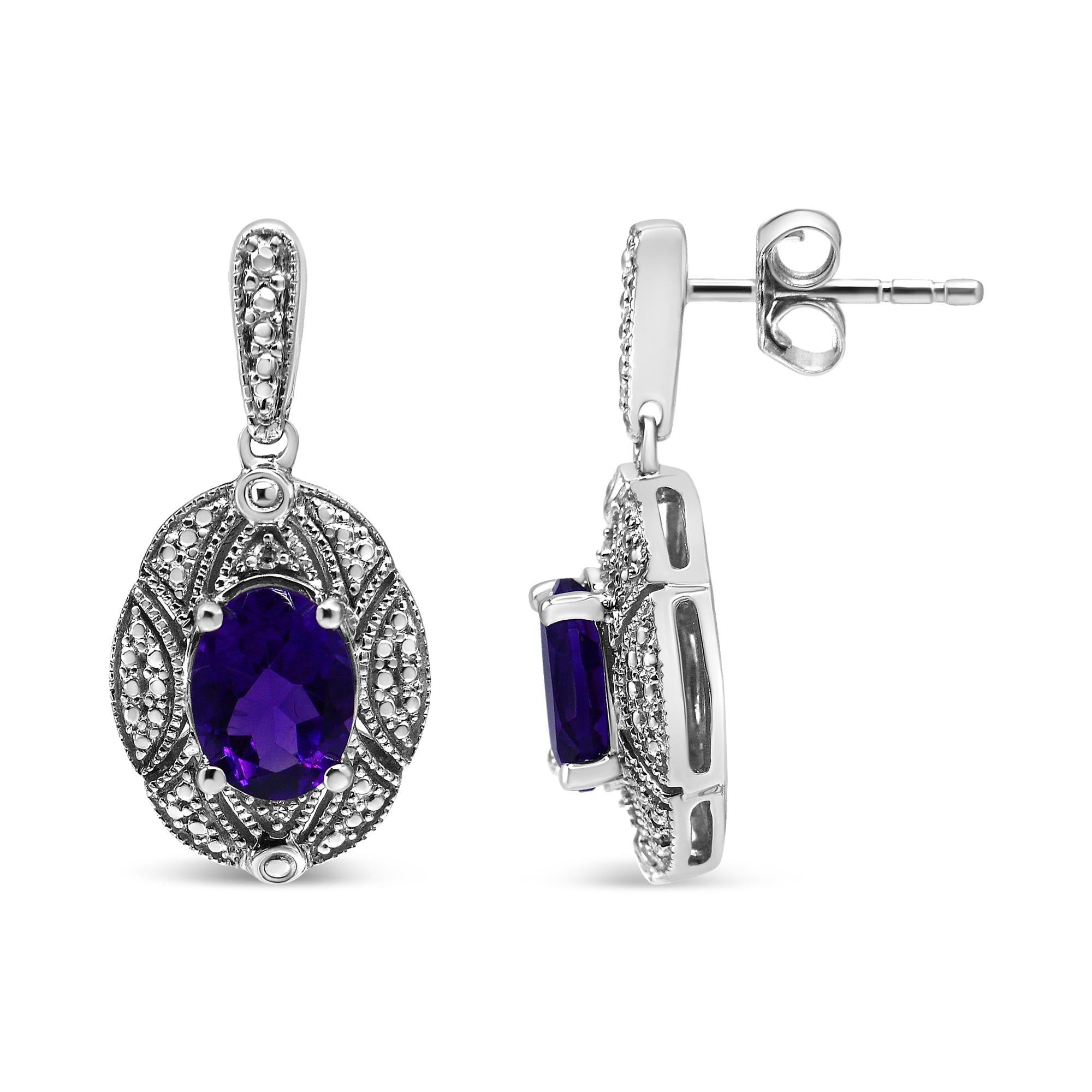 Pendientes de plata de ley 925 con detalles de diamantes y amatista ovalada morada de 8 x 6 mm (color IJ, claridad I1-I2) - Friggin Jewelry