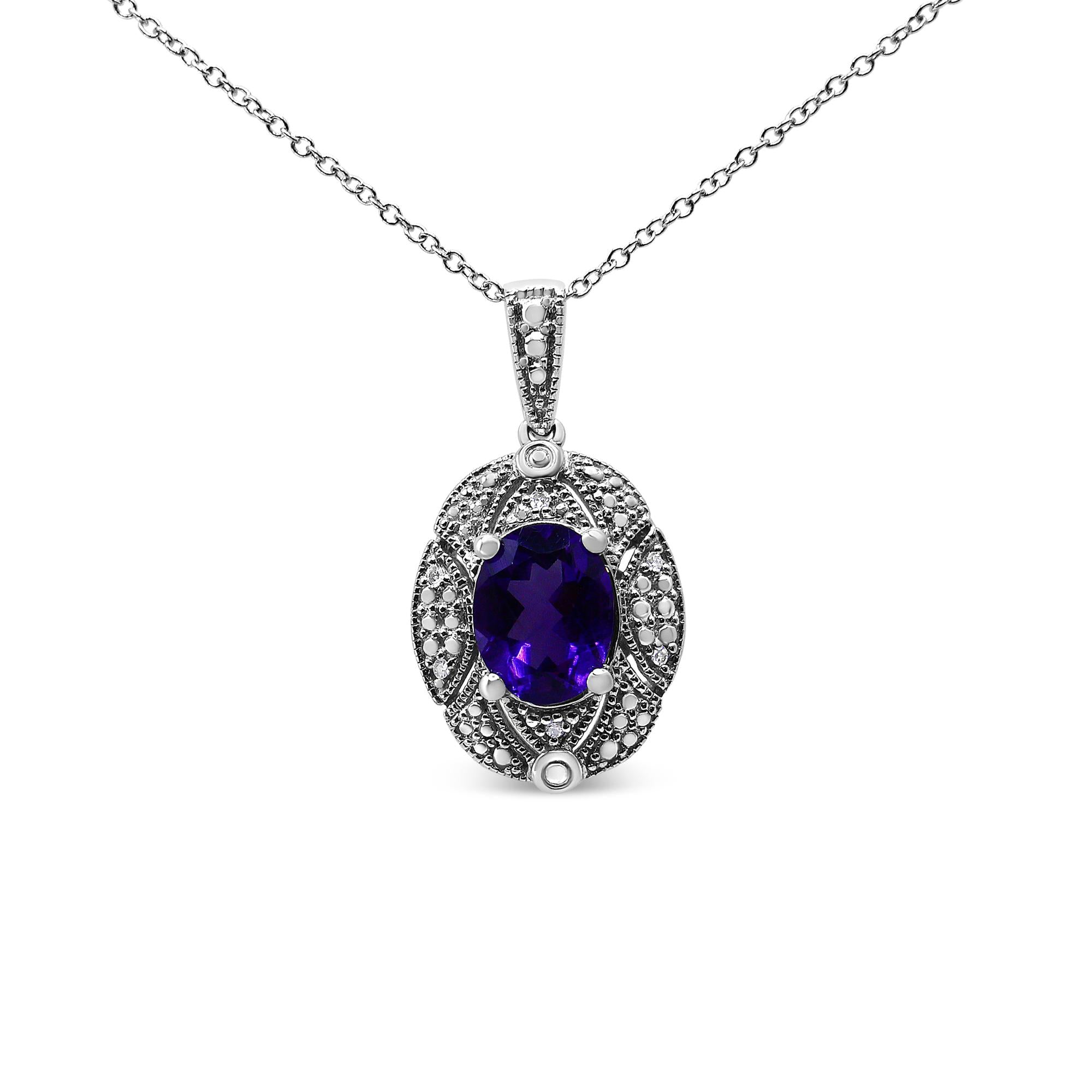Collar de 45 cm con colgante de amatista morada ovalada de 9 x 7 mm y detalle de diamante en plata de ley 925 (color IJ, claridad I1-I2) - Friggin Jewelry