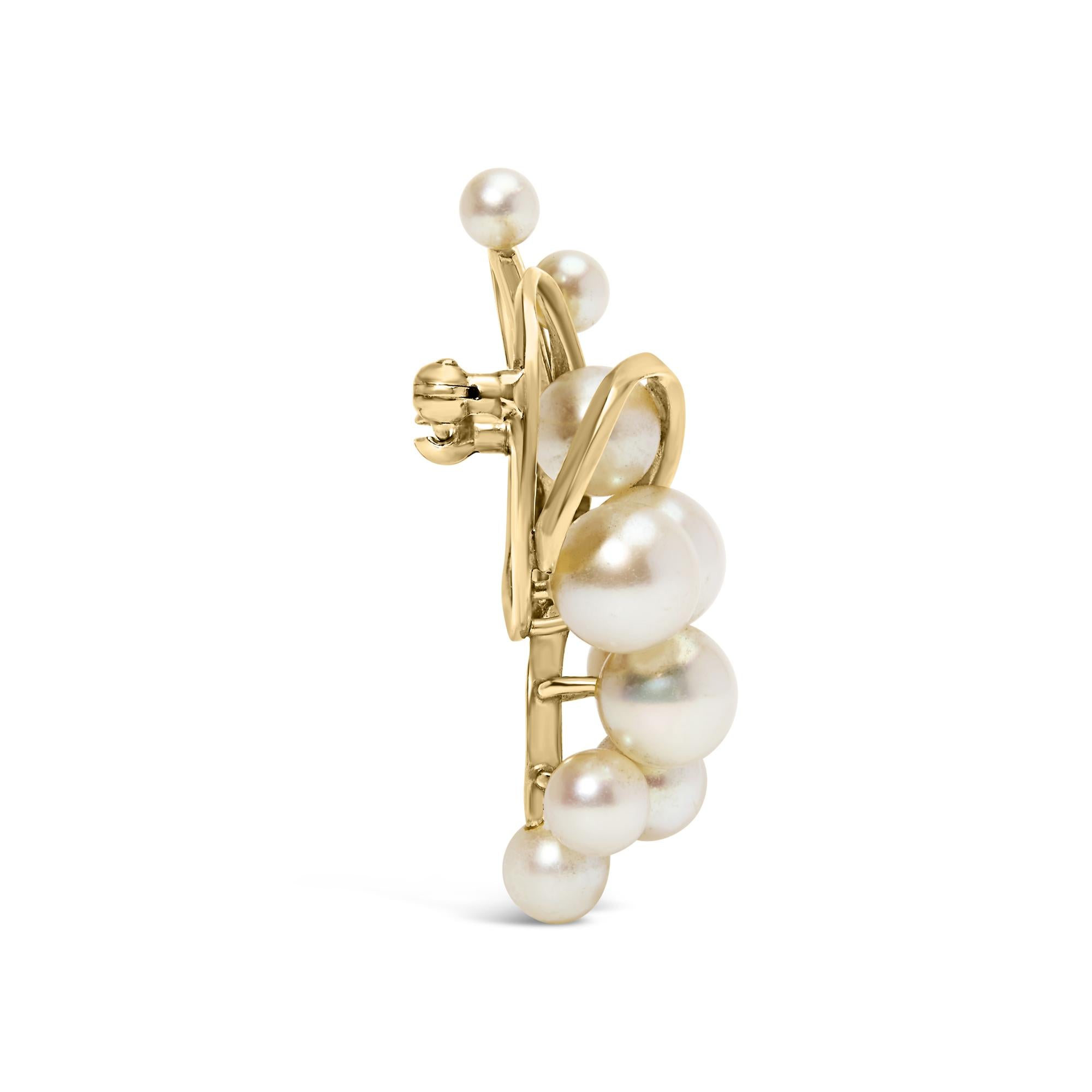 14K Yellow Gold Akoya Cultured Pearl Cluster Swirl Brooch Pin - Friggin Jewelry