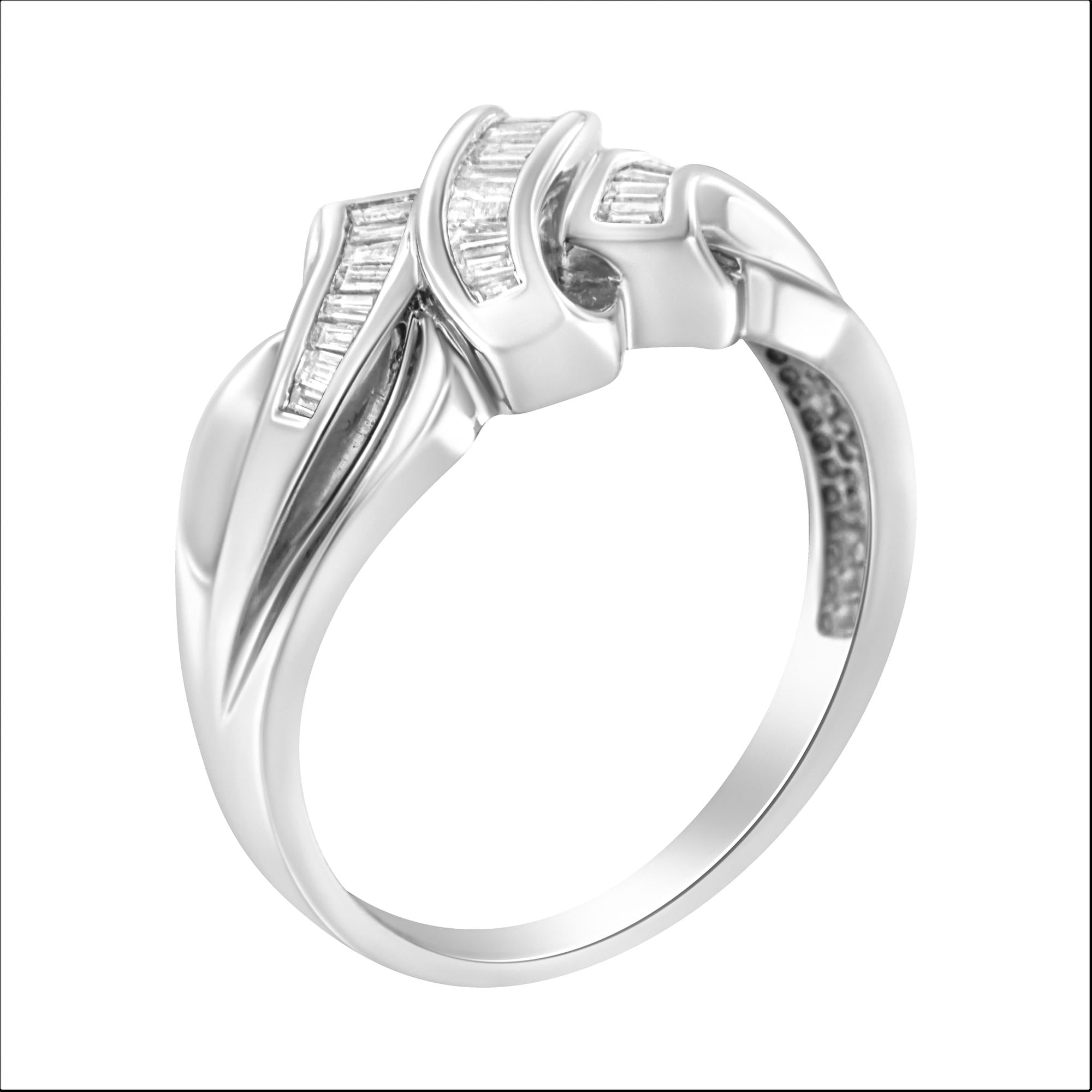 14K White Gold 1/3 Cttw Channel Set Baguette Diamond Bypass Ring Band (H-I Color, SI1-SI2 Clarity) - Friggin Jewelry