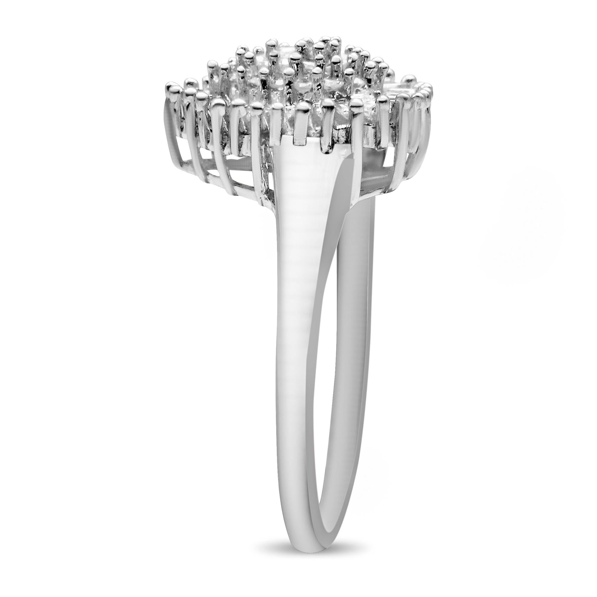 10K White Gold 1/2 Cttw Round & Baguette Cut Diamond Pear Shaped Domed Pavé Cluster with Halo Cocktail Ring (H-I Color, SI1-SI2 Clarity) - Friggin Jewelry