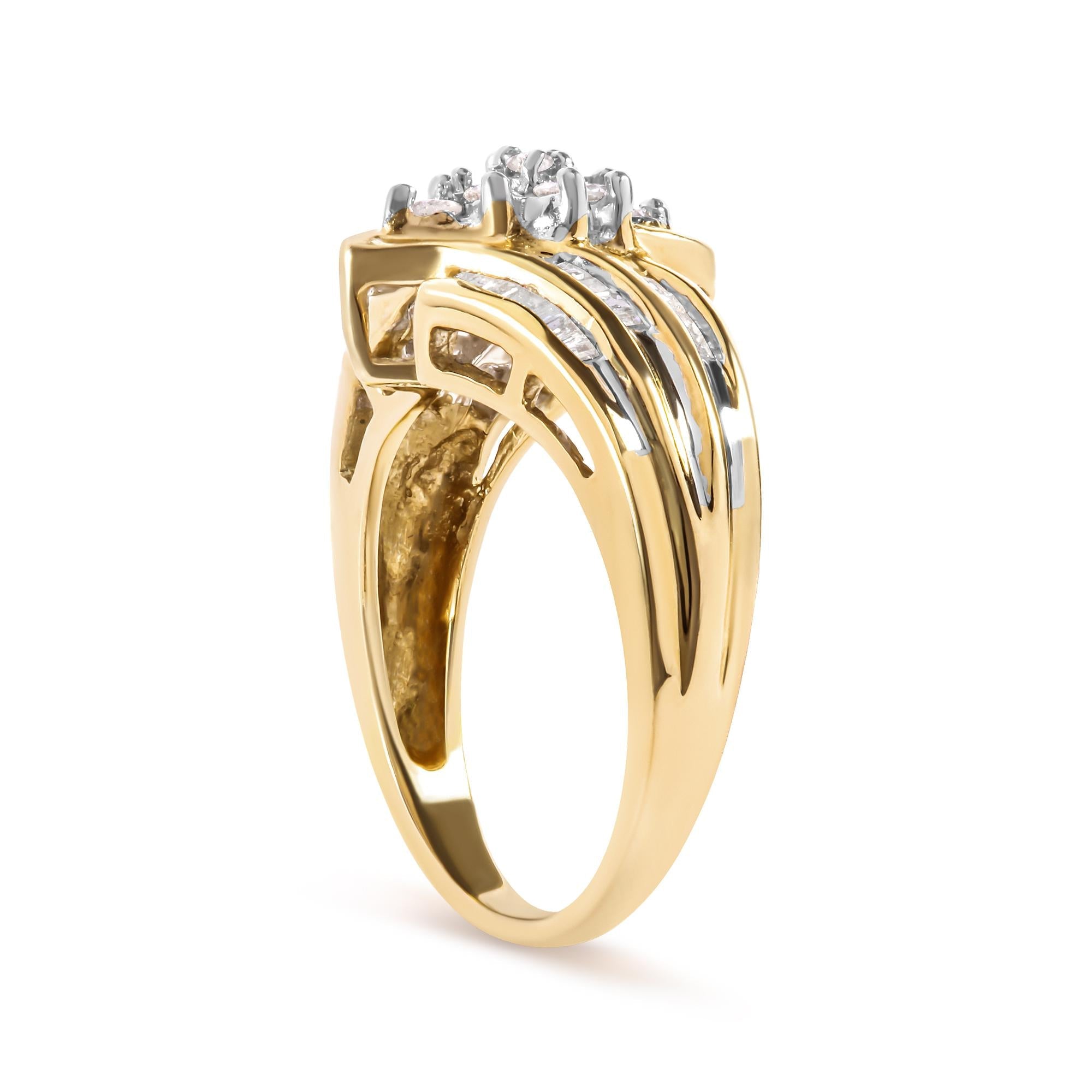 10K Yellow Gold 1/2 Cttw Round And Baguette-cut Diamond Cluster Head and Channel Set Shank Ring (H-I Color, I1-I2 Clarity) - Friggin Jewelry