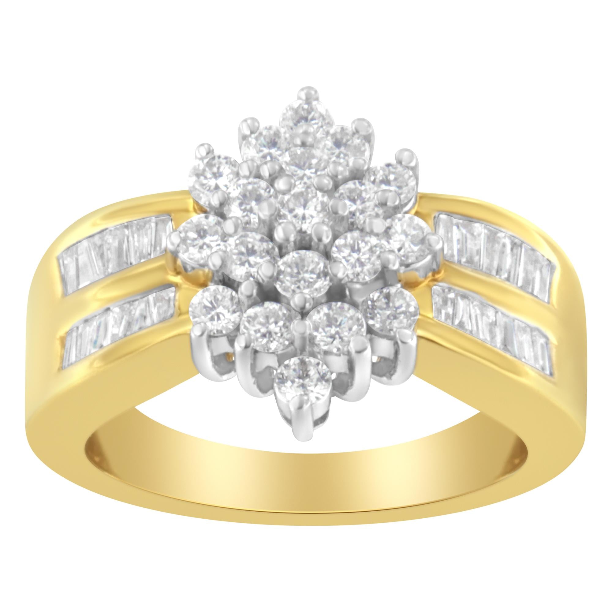 10K Yellow Gold 1.0 Cttw Round & Baguette Cut Diamond Floral Cluster Double-Channel Flared Band Statement Ring (H-I Color, SI2-I1 Clarity) - Friggin Jewelry