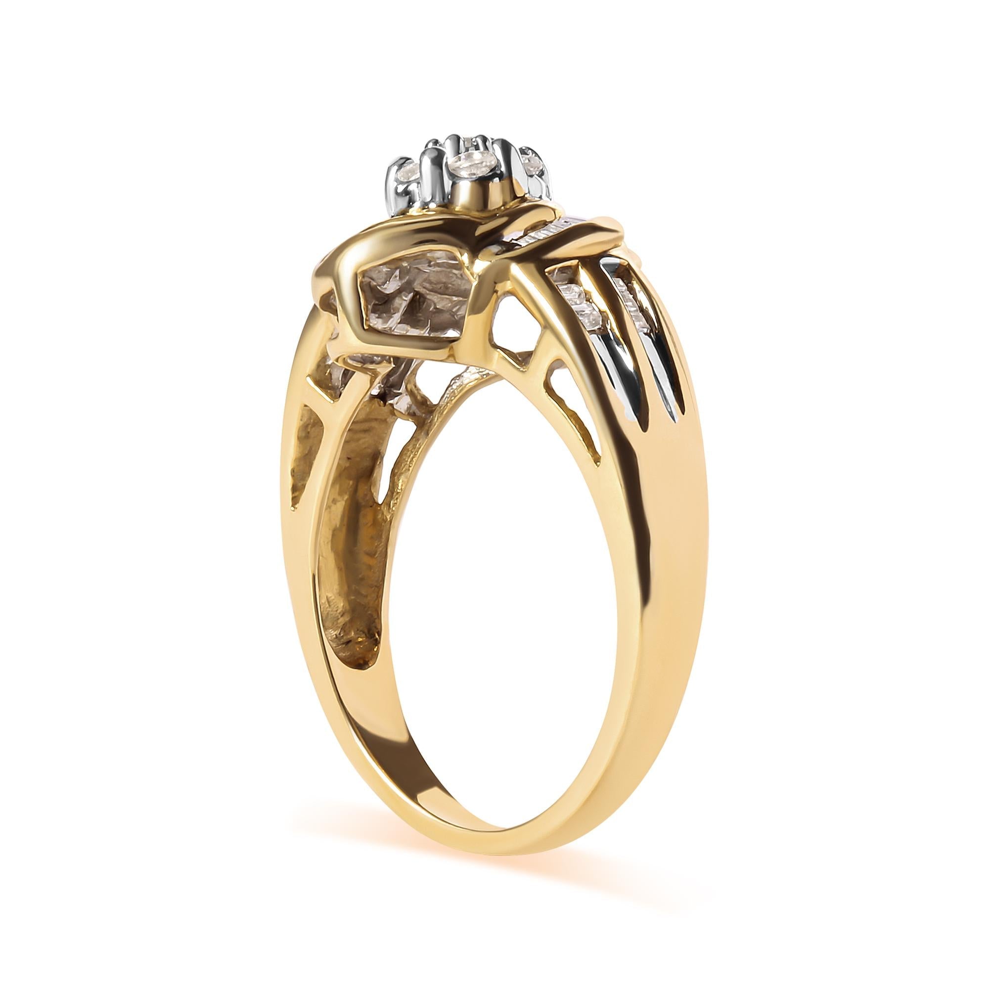 10K Yellow Gold 1/2 Cttw Round and Baguette Diamond Flower Swirl Cocktail Ring (I-J Color, SI2-I1 Clarity) - Friggin Jewelry