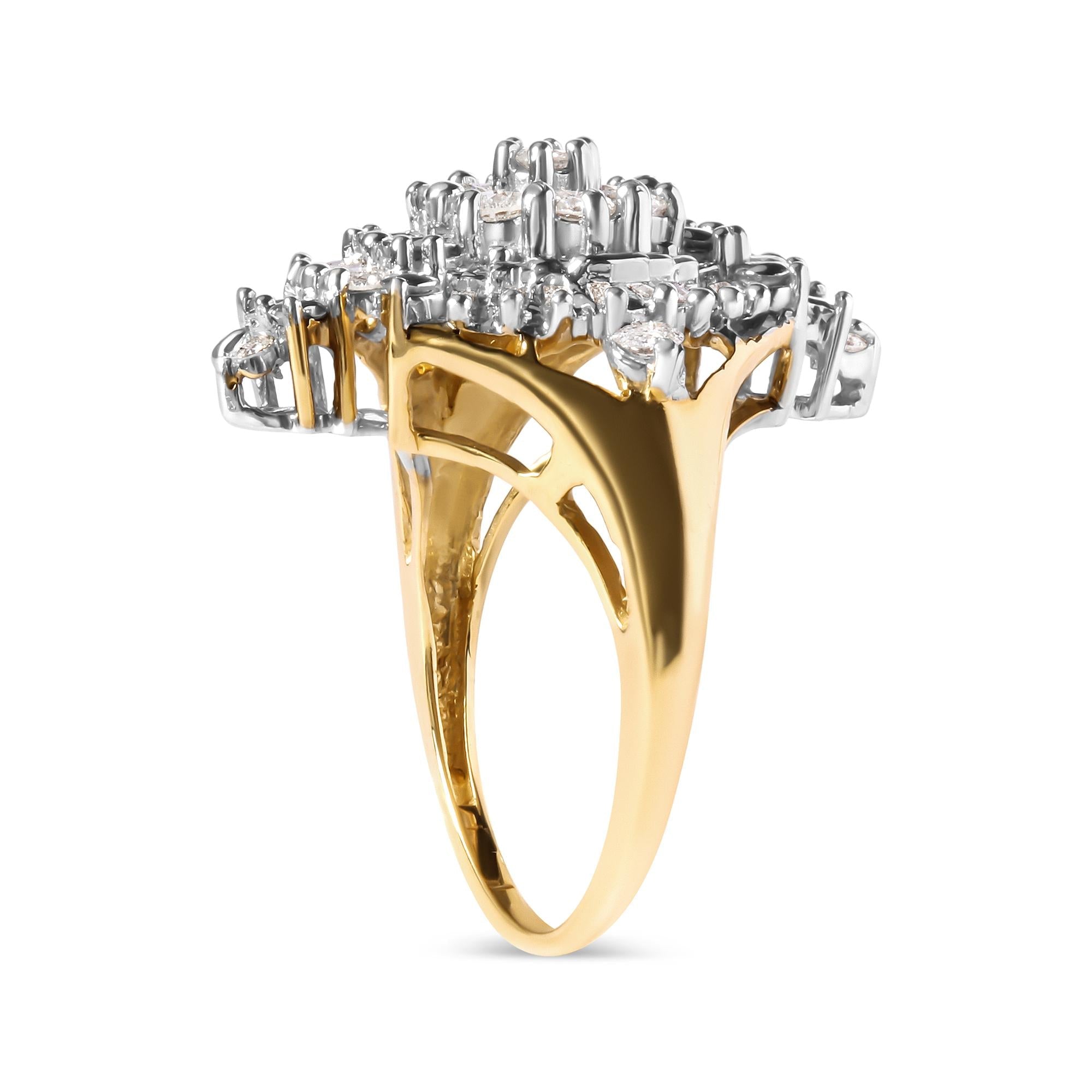 10K Yellow Gold 1 Cttw Round and Baguette cut Diamond Cluster and Rhombus Halo Ring (H-I Color, I1-I2 Clarity) - Friggin Jewelry