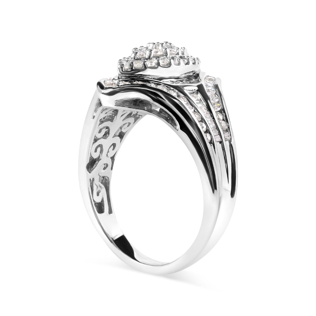 14K White Gold 3/4 Cttw Round and Baguette cut Diamond Cluster Ring (H-I Color, I1-I2 Clarity) - Friggin Jewelry Premium