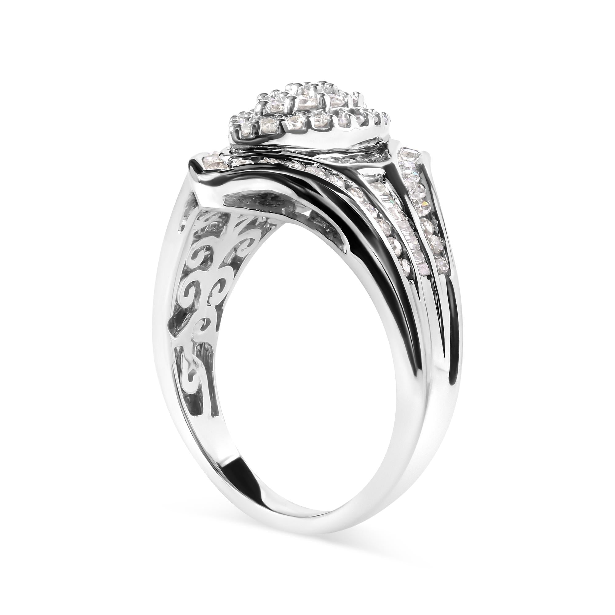 14K White Gold 3/4 Cttw Round and Baguette cut Diamond Cluster Ring (H-I Color, I1-I2 Clarity) - Friggin Jewelry