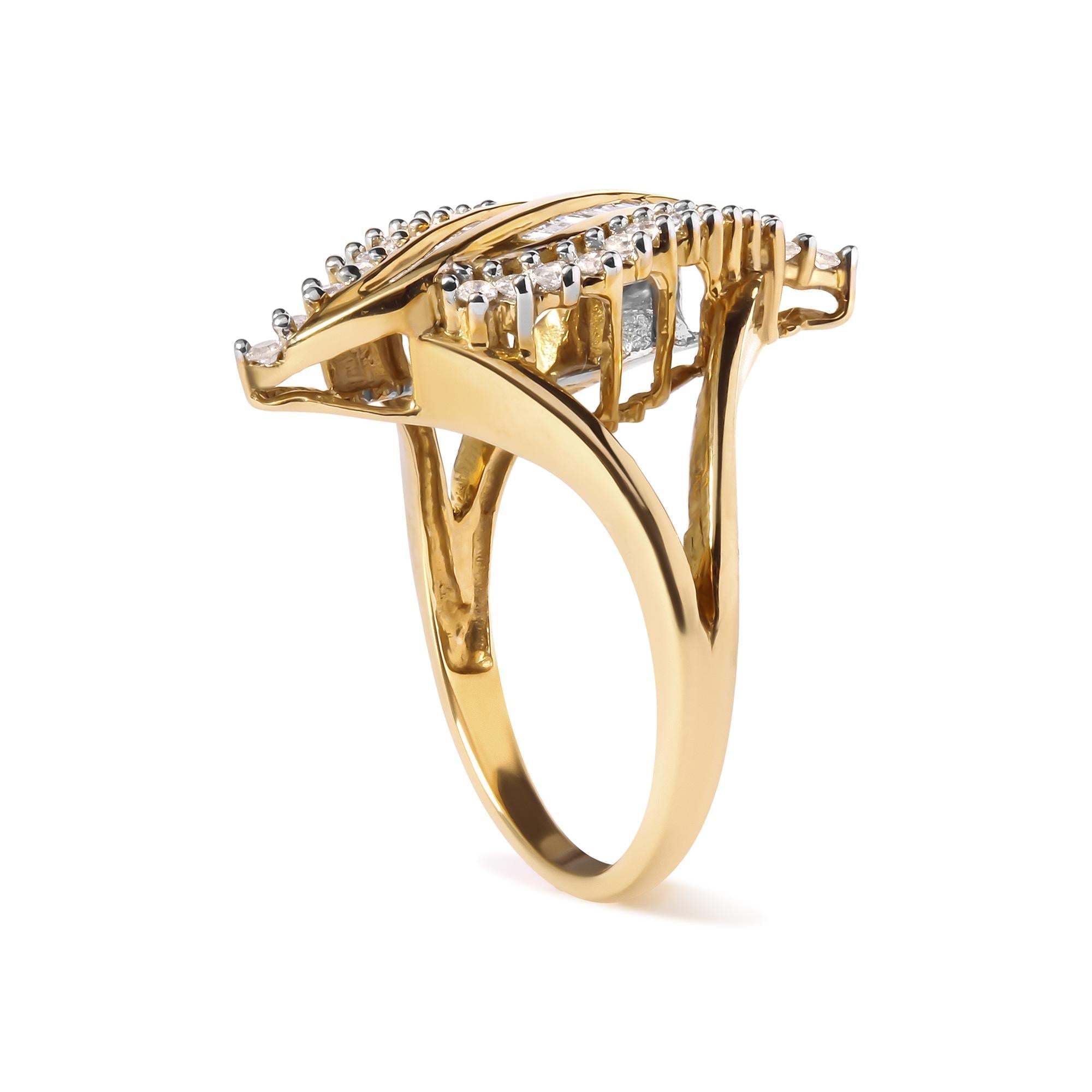 10K Yellow Gold 1/2 Cttw Round and Baguette Cut Diamond Cocktail Ring (H-I Color, I1-I2 Clarity) - Friggin Jewelry