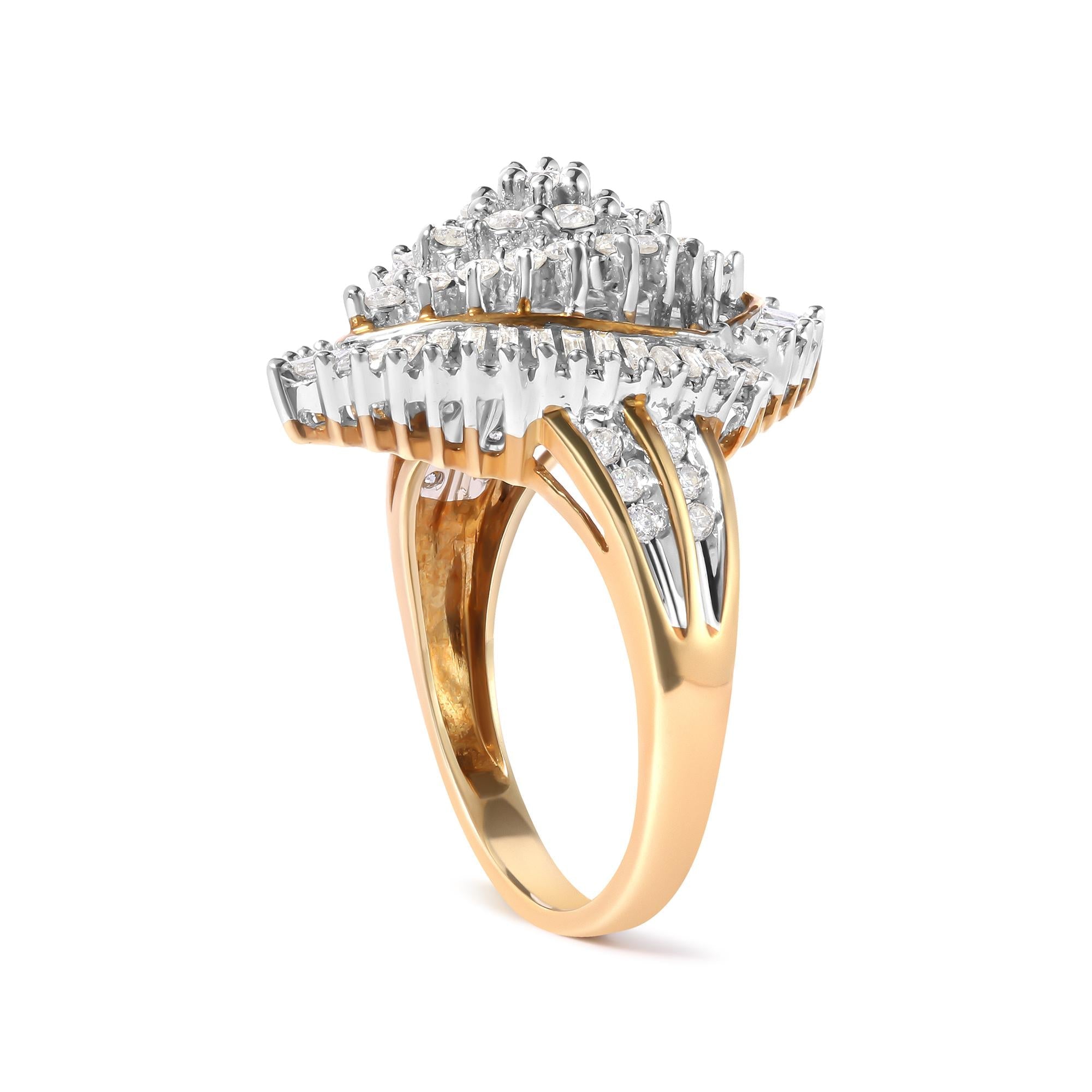10K Yellow Gold 1.0 Cttw Round and Baguette-Cut Diamond Cluster Ring (I-J Color, SI2-I1 Clarity) - Friggin Jewelry
