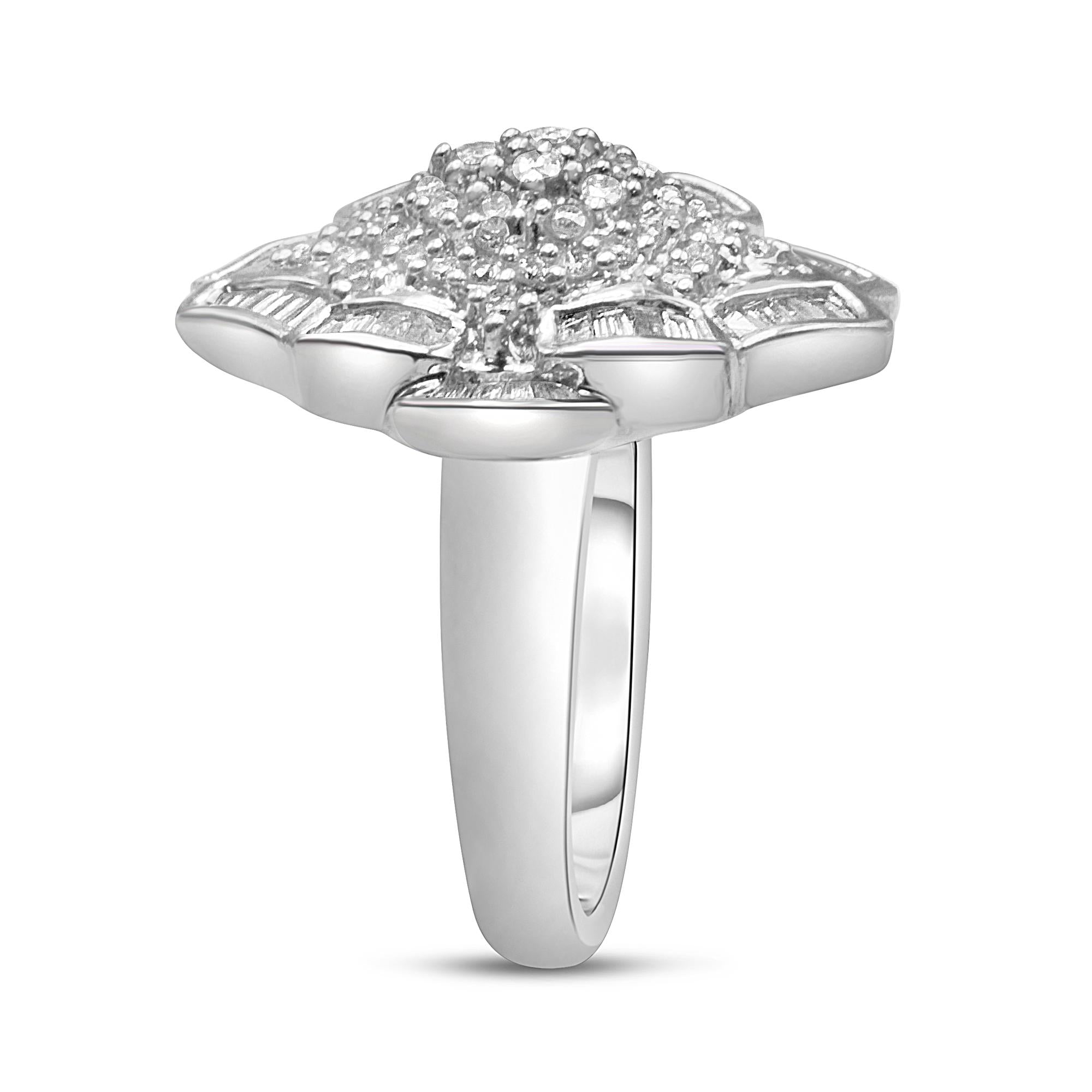 14K White Gold 7/8 Cttw Round and Baguette-Cut Diamond Cluster Ring (H-I Color, SI2-I1 Clarity) - Friggin Jewelry Premium