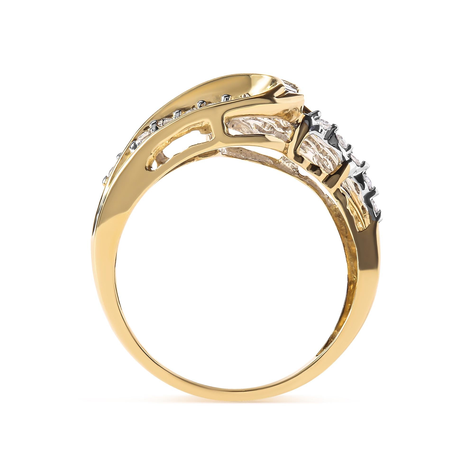 10K Yellow Gold 1/2 Cttw Round and Baguette cut Diamond Open Space Bypass Ring (H-I Color, SI2-I1 Clarity) - Friggin Jewelry