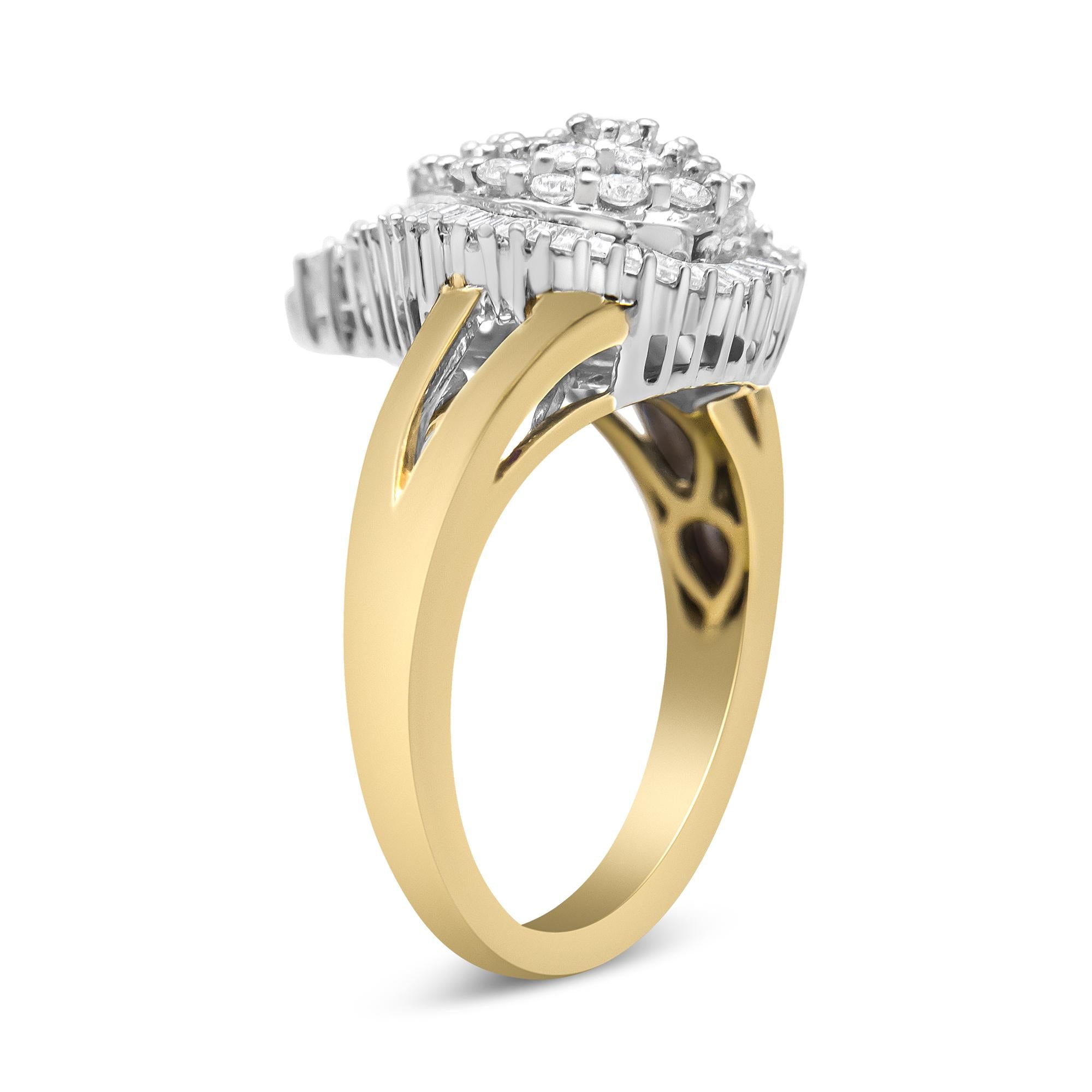14K Yellow and White Gold 1.00 Cttw Round and Baguette-Cut Diamond Ballerina Cocktail Ring (H-I Color, SI2-I1 Clarity) - Friggin Jewelry