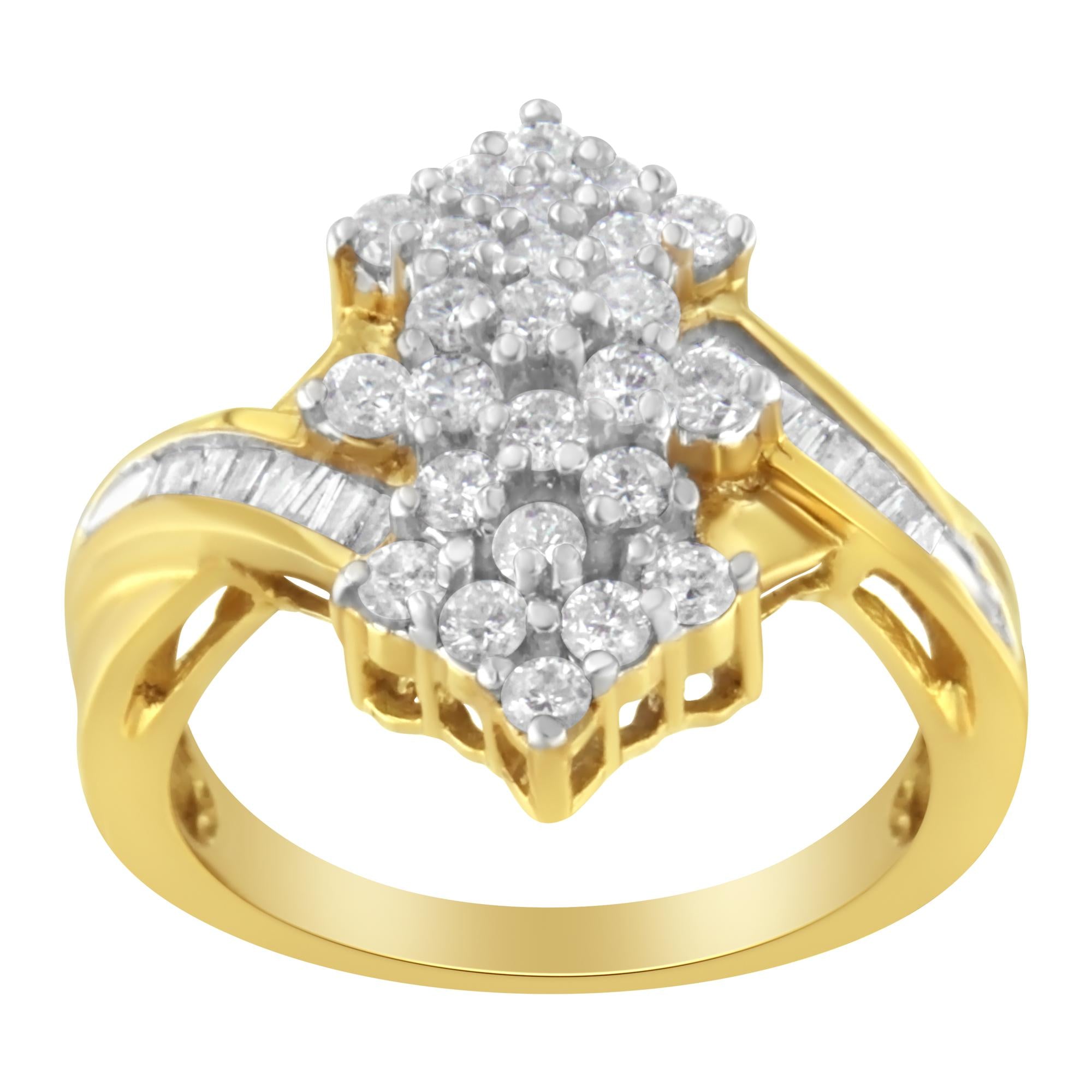 Anello con diamanti taglio baguette e rotondo in oro giallo 10 carati (1 1/10 ct, colore HI, purezza SI2-I1) - Friggin Jewelry