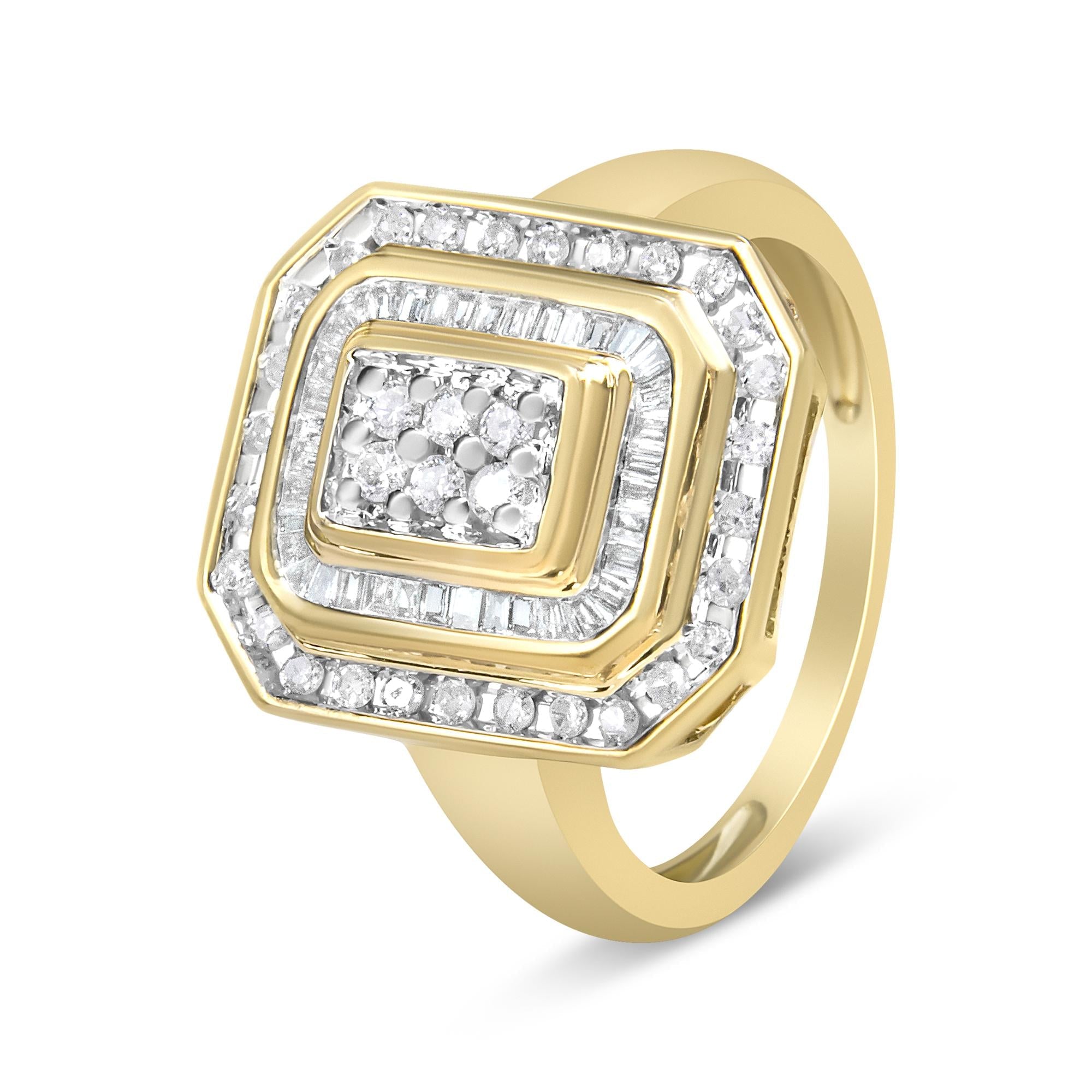 10K Yellow Gold 1.0 Cttw Diamond Vintage Inspired Baguette-Cut Double Halo Emerald-Shaped Frame Cocktail Ring (I-J Color, I1-I2 Clarity) - Friggin Jewelry