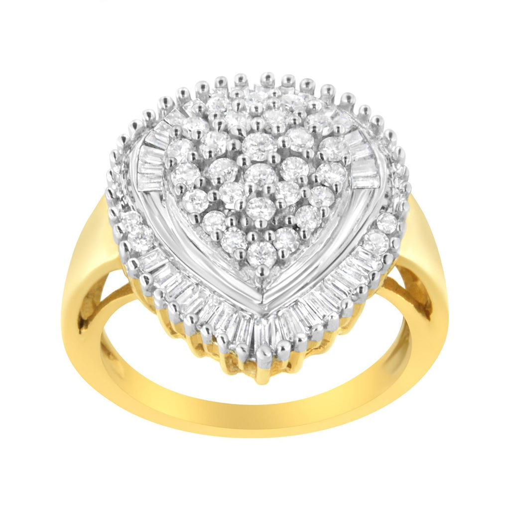 10K Yellow Gold 1.0 Cttw Round and Baguette Cut Diamond Oval Shaped Cluster Ring (I-J Color, I1-I2 Clarity) - Friggin Jewelry