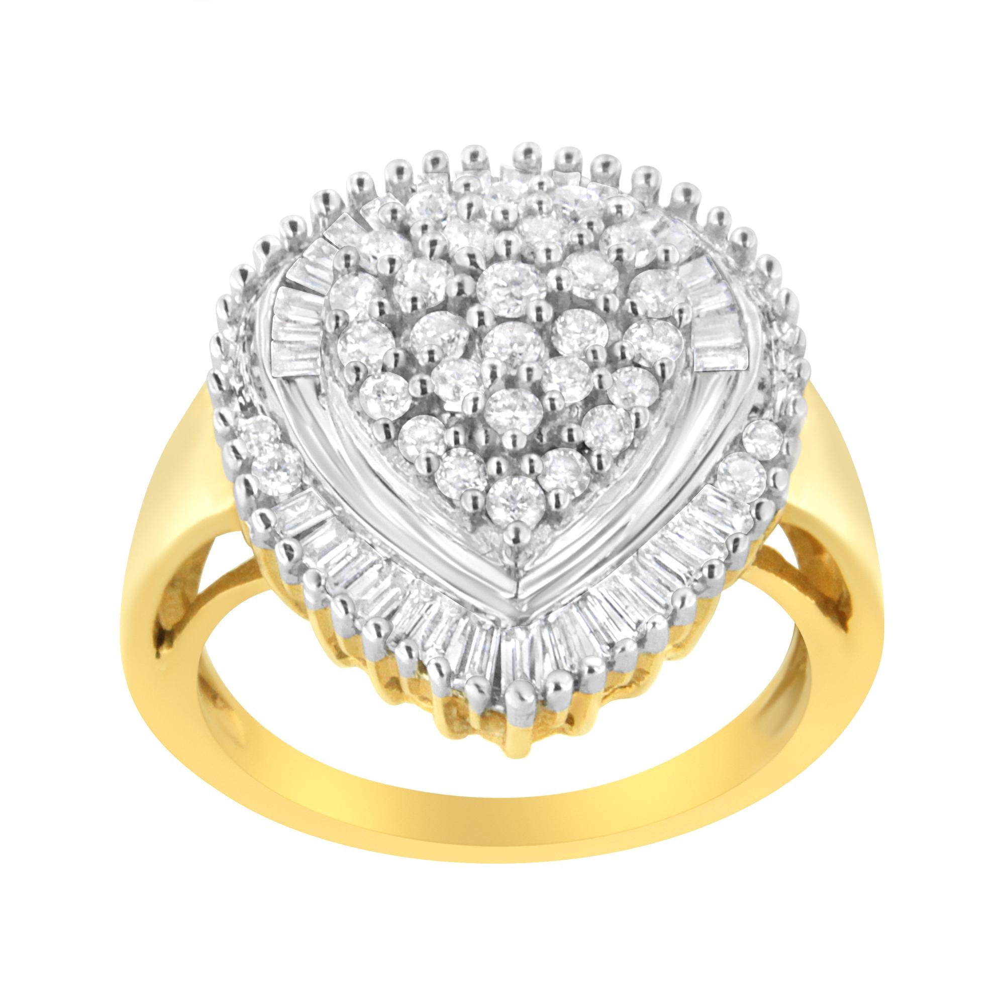 10K Yellow Gold 1.0 Cttw Round and Baguette Cut Diamond Oval Shaped Cluster Ring (I-J Color, I1-I2 Clarity) - Friggin Jewelry