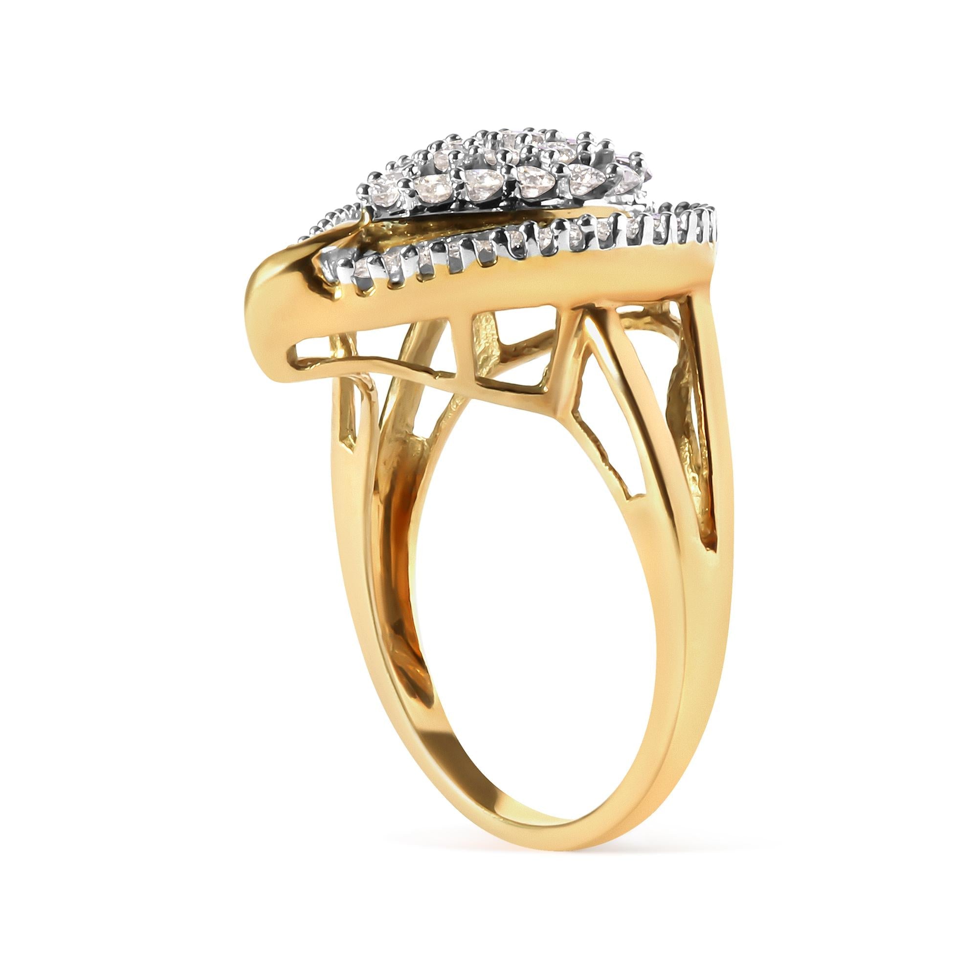 10K Yellow Gold 1 Cttw Round and Baguette Cut Diamond Ballerina Cluster Ring (H-I Color, SI2-I1 Clarity) - Friggin Jewelry