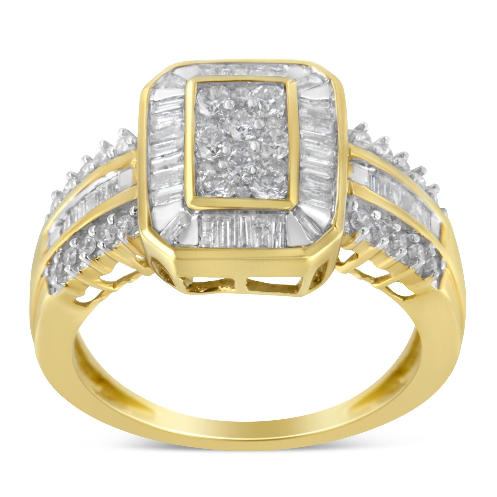Anello da cocktail in oro giallo 10 carati con diamanti taglio baguette e taglio rotondo (1,0 ct, colore HI, purezza SI2-I1) - Friggin Jewelry