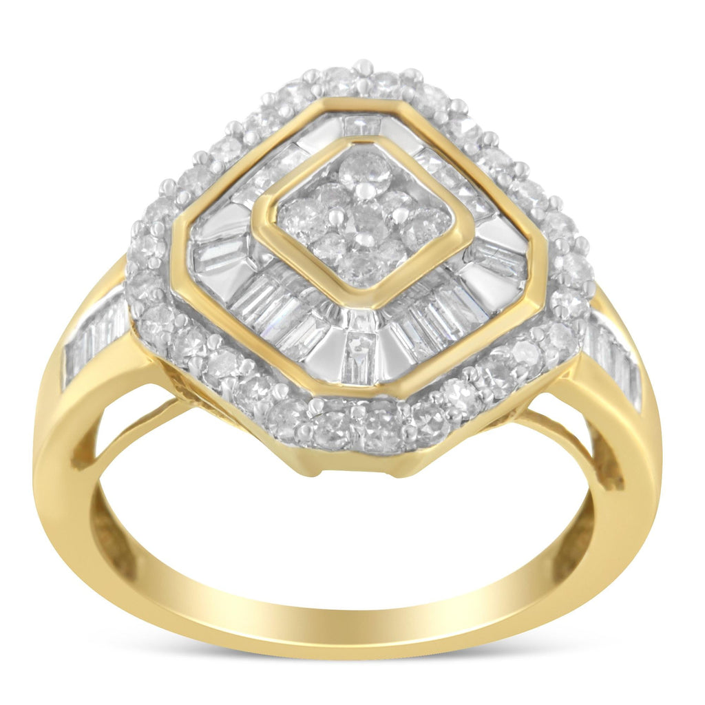Anello da cocktail in oro giallo 10 carati con diamanti taglio baguette e taglio rotondo (1,0 ct, colore IJ, purezza I1-I2) - Friggin Jewelry