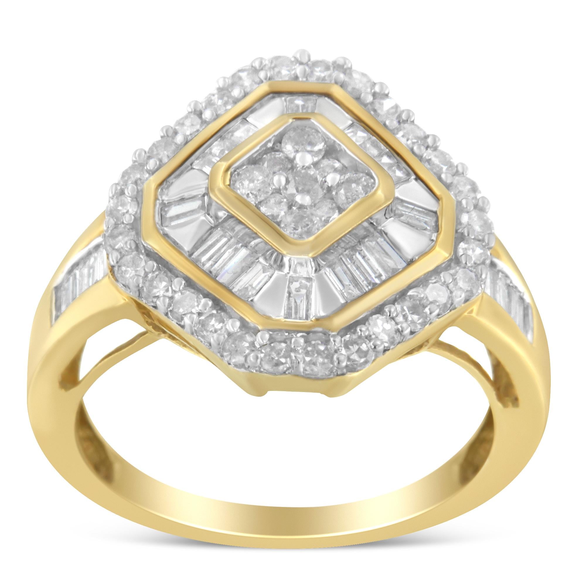 Anello da cocktail in oro giallo 10 carati con diamanti taglio baguette e taglio rotondo (1,0 ct, colore IJ, purezza I1-I2) - Friggin Jewelry