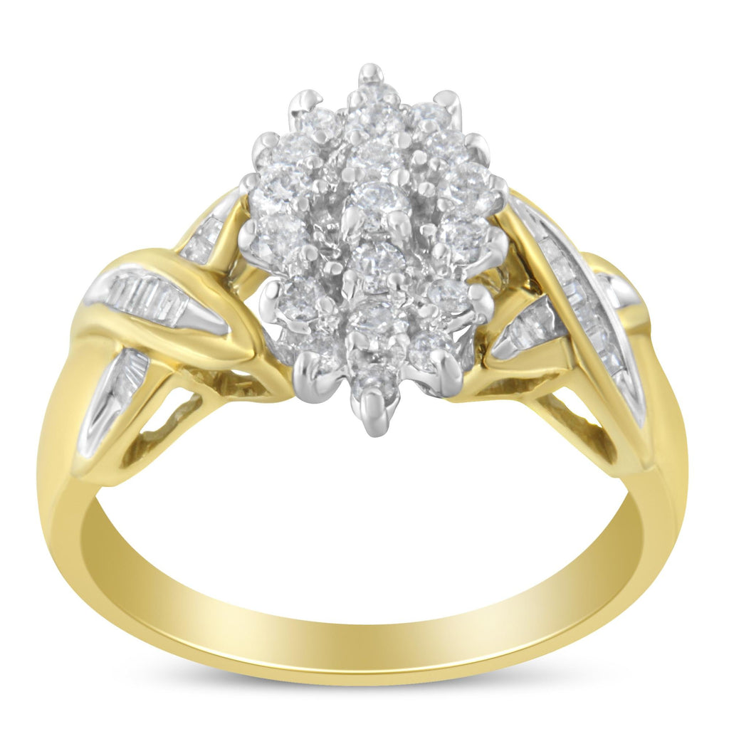 10K Two-Toned Round Baguette Diamond Cluster Ring (1/2 Cttw, I-J Color, I2-I3 Clarity) - Friggin Jewelry Winter