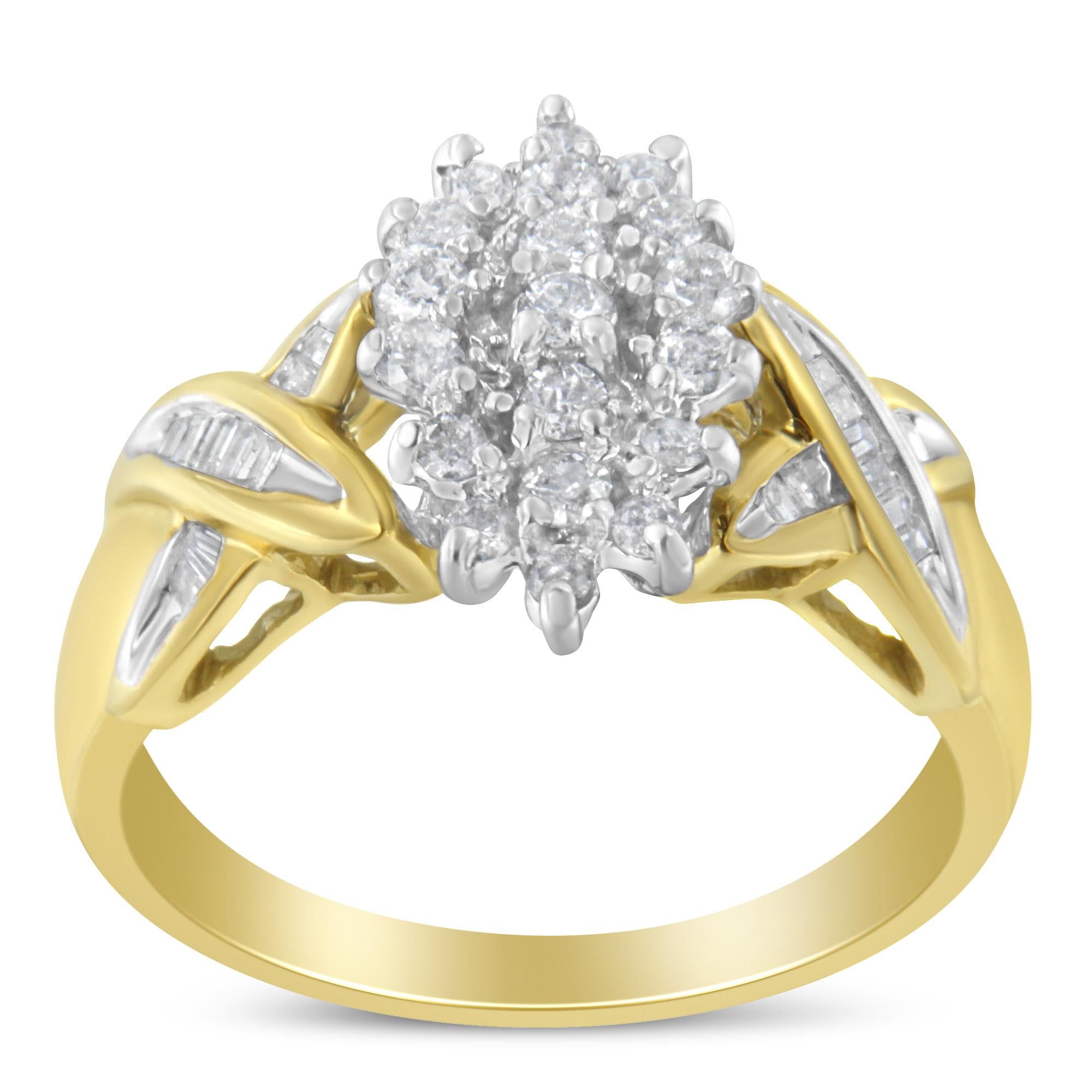 10K Two-Toned Round Baguette Diamond Cluster Ring (1/2 Cttw, I-J Color, I2-I3 Clarity) - Friggin Jewelry Winter