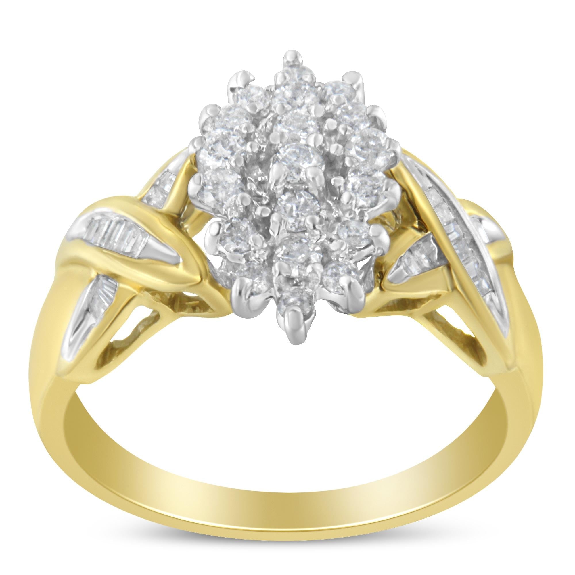 Anillo de oro amarillo de 10 quilates con diamantes redondos y talla baguette (1/2 quilates, color HI, claridad I1-I2) - Friggin Jewelry