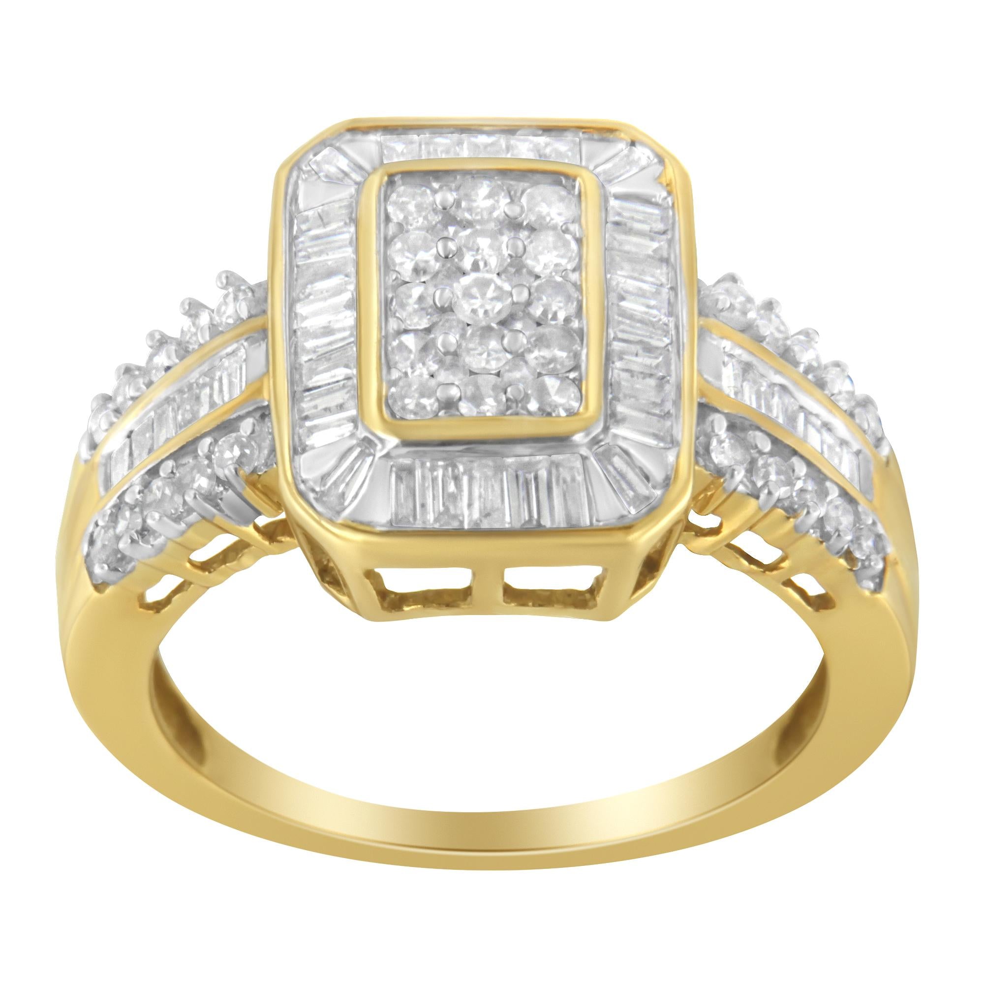 Anello in oro giallo 10 carati con diamanti taglio baguette e taglio rotondo (1,0 ct, colore IJ, purezza SI1-SI2) - Friggin Jewelry